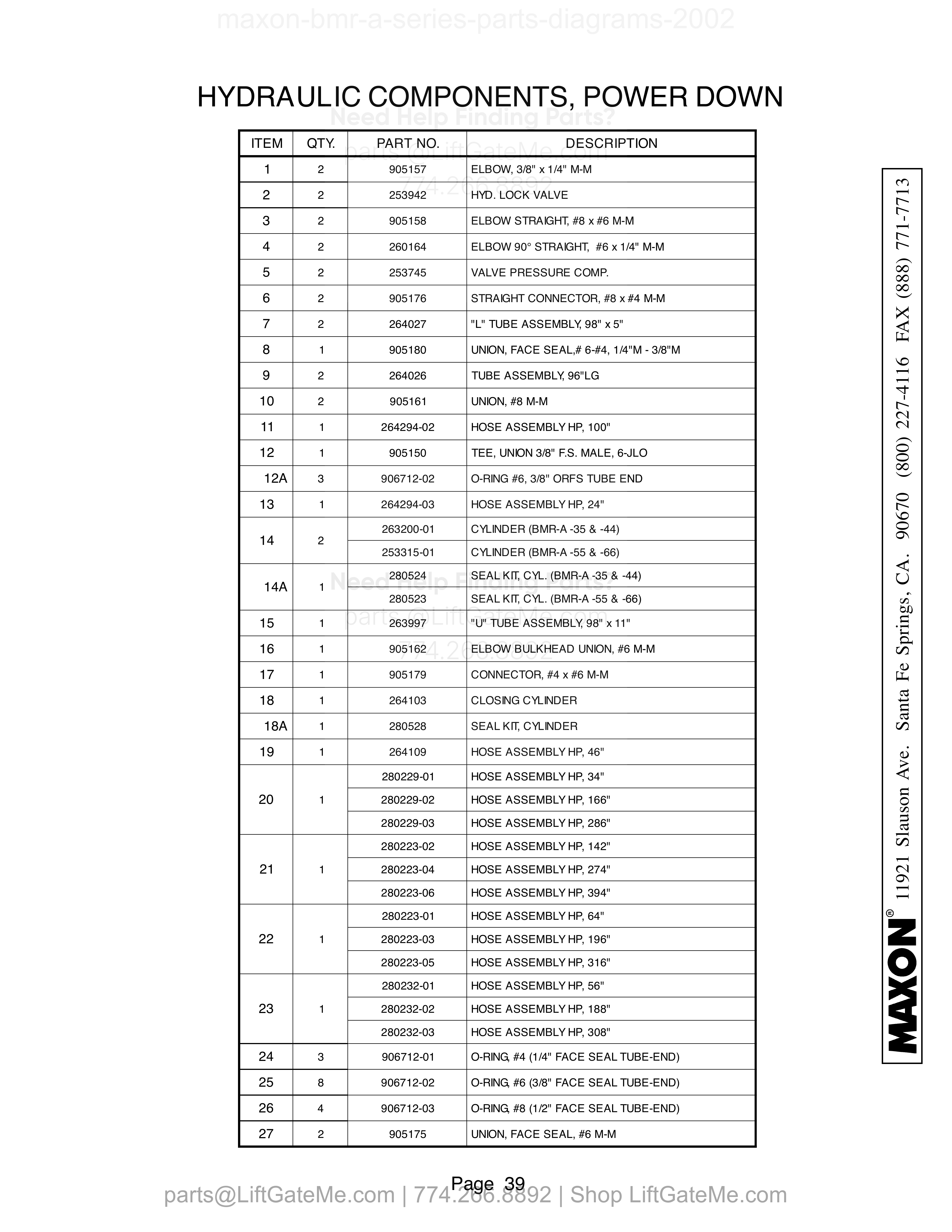 HYDRAULIC COMPONENTS, POWER DOWN parts table