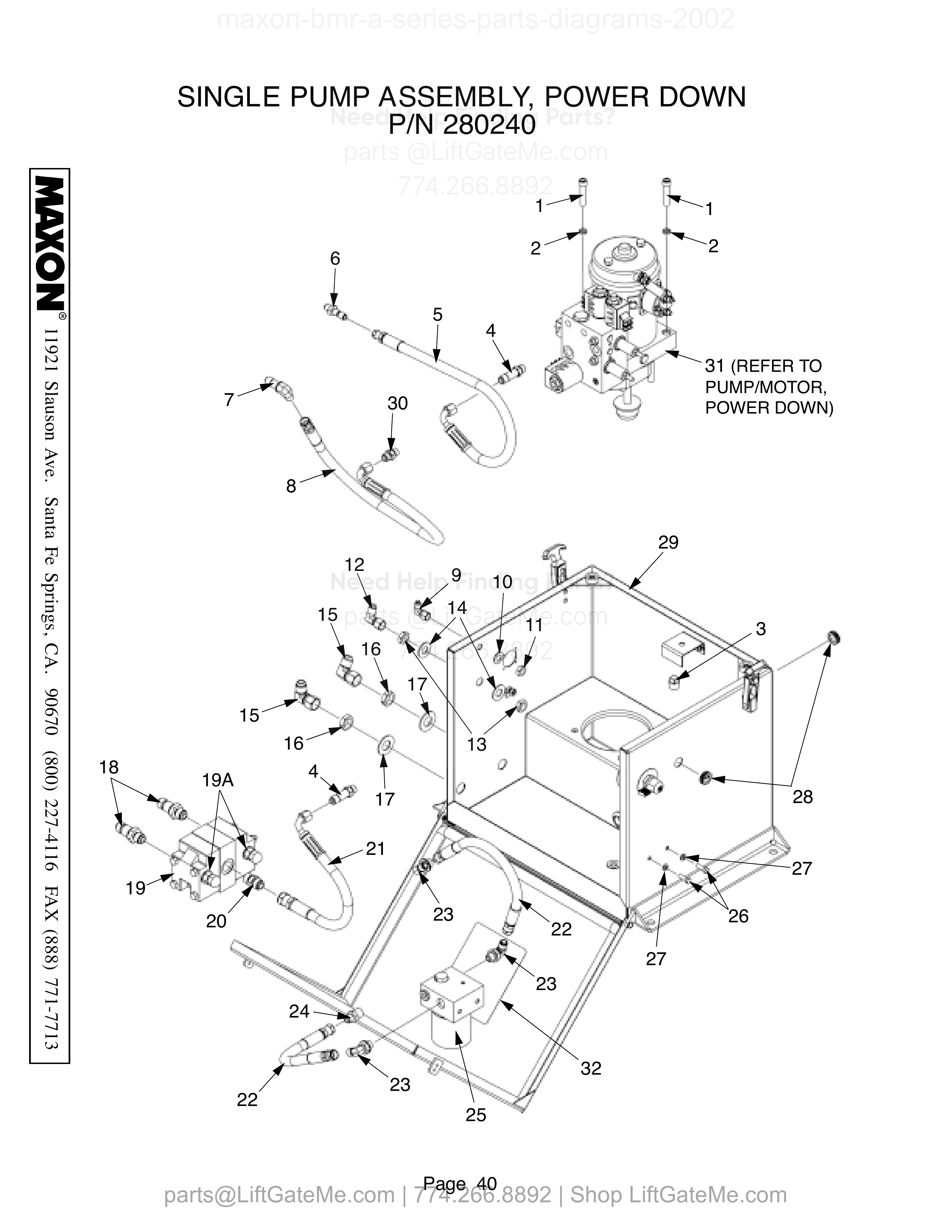 SINGLE PUMP ASSEMBLY, POWER DOWN diagram