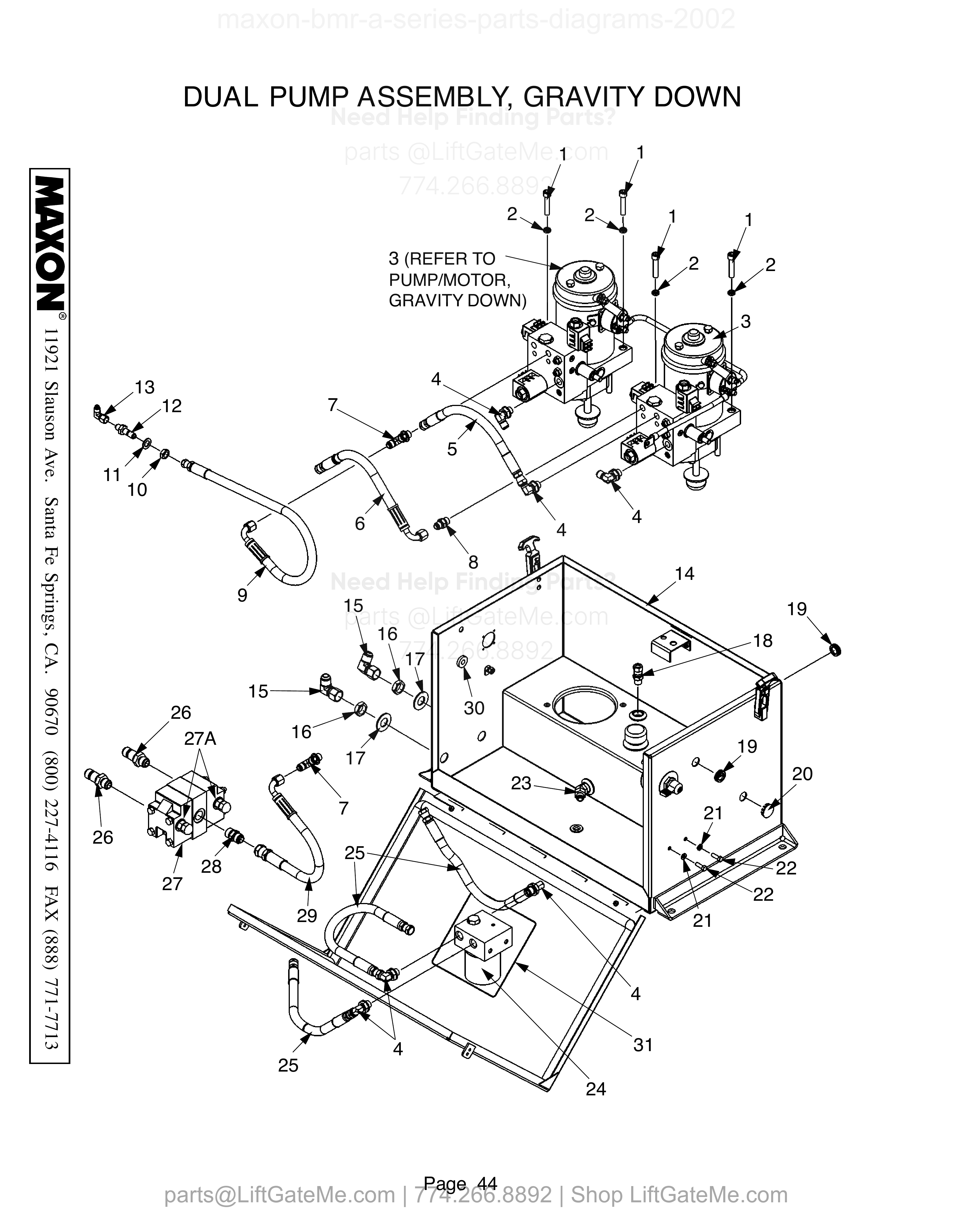 DUAL PUMP ASSEMBLY, GRAVITY DOWN diagram