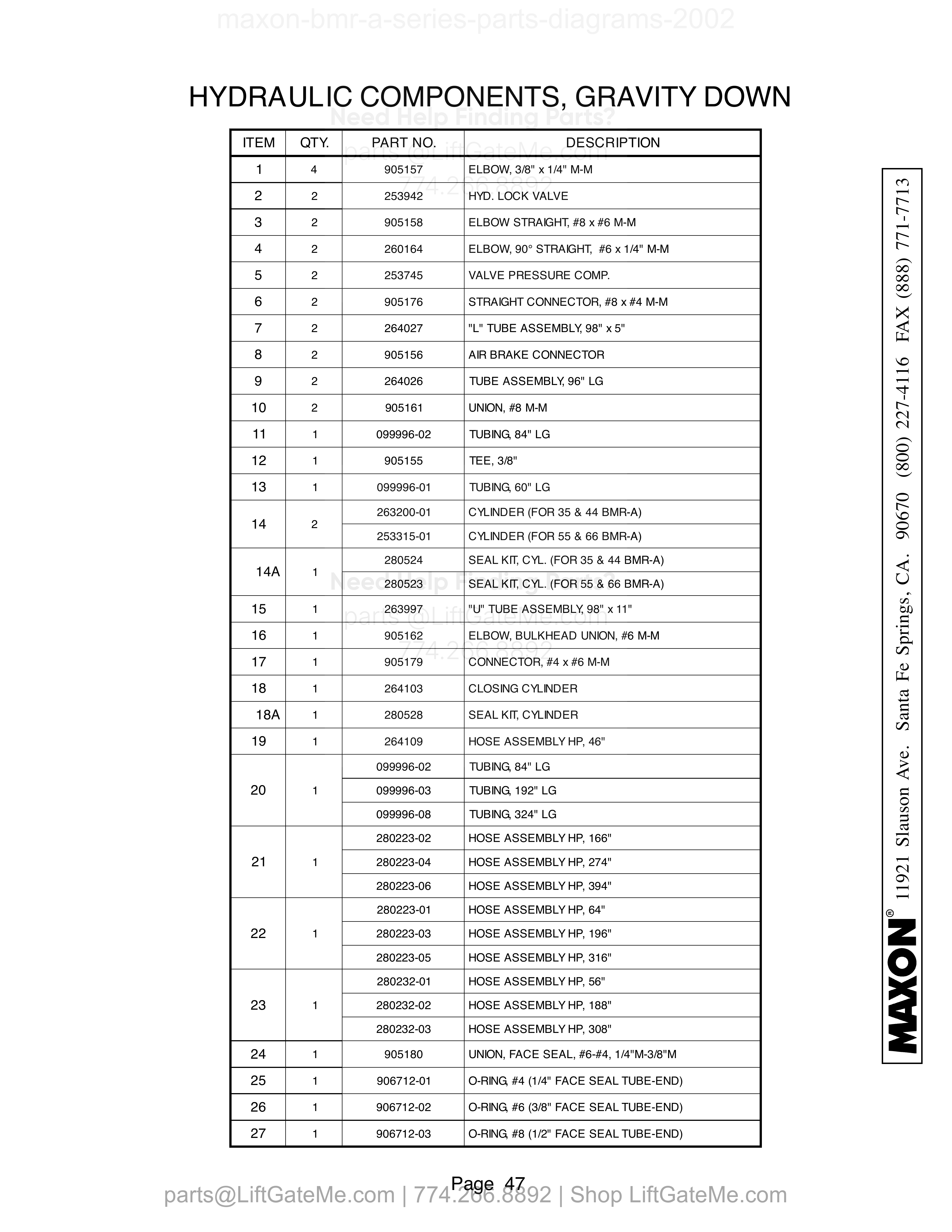 HYDRAULIC COMPONENTS, GRAVITY DOWN parts table