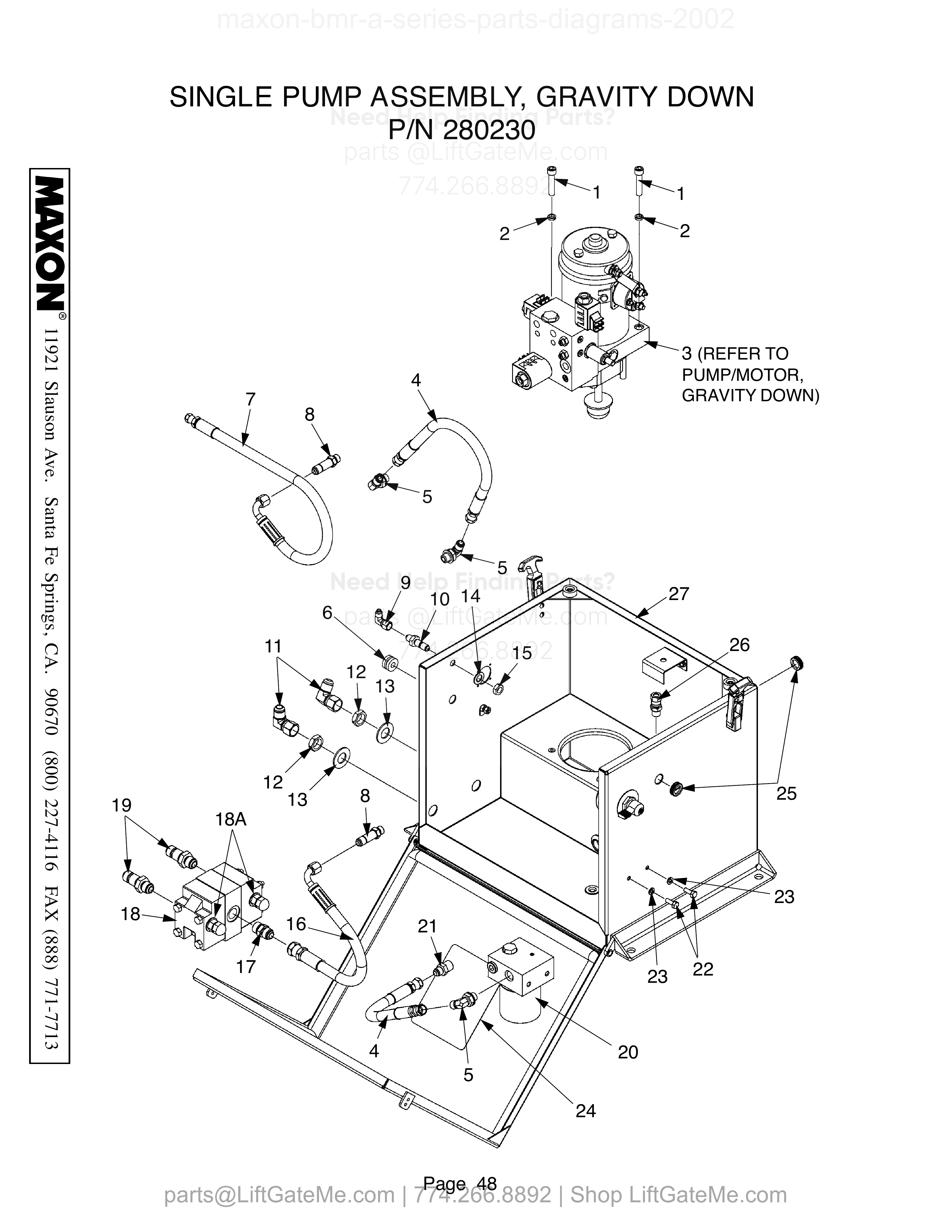 SINGLE PUMP ASSEMBLY, GRAVITY DOWN diagram