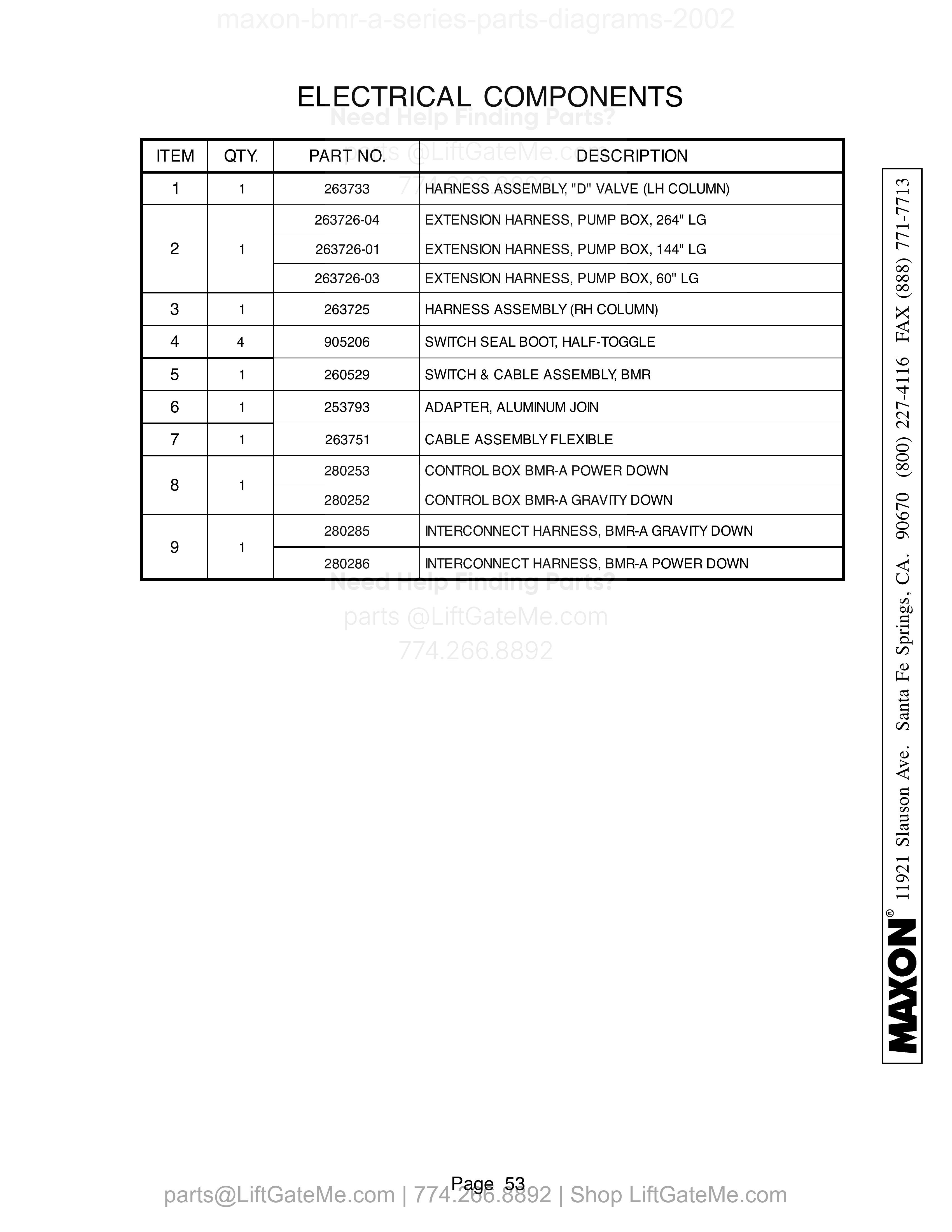 Electrical Components parts table