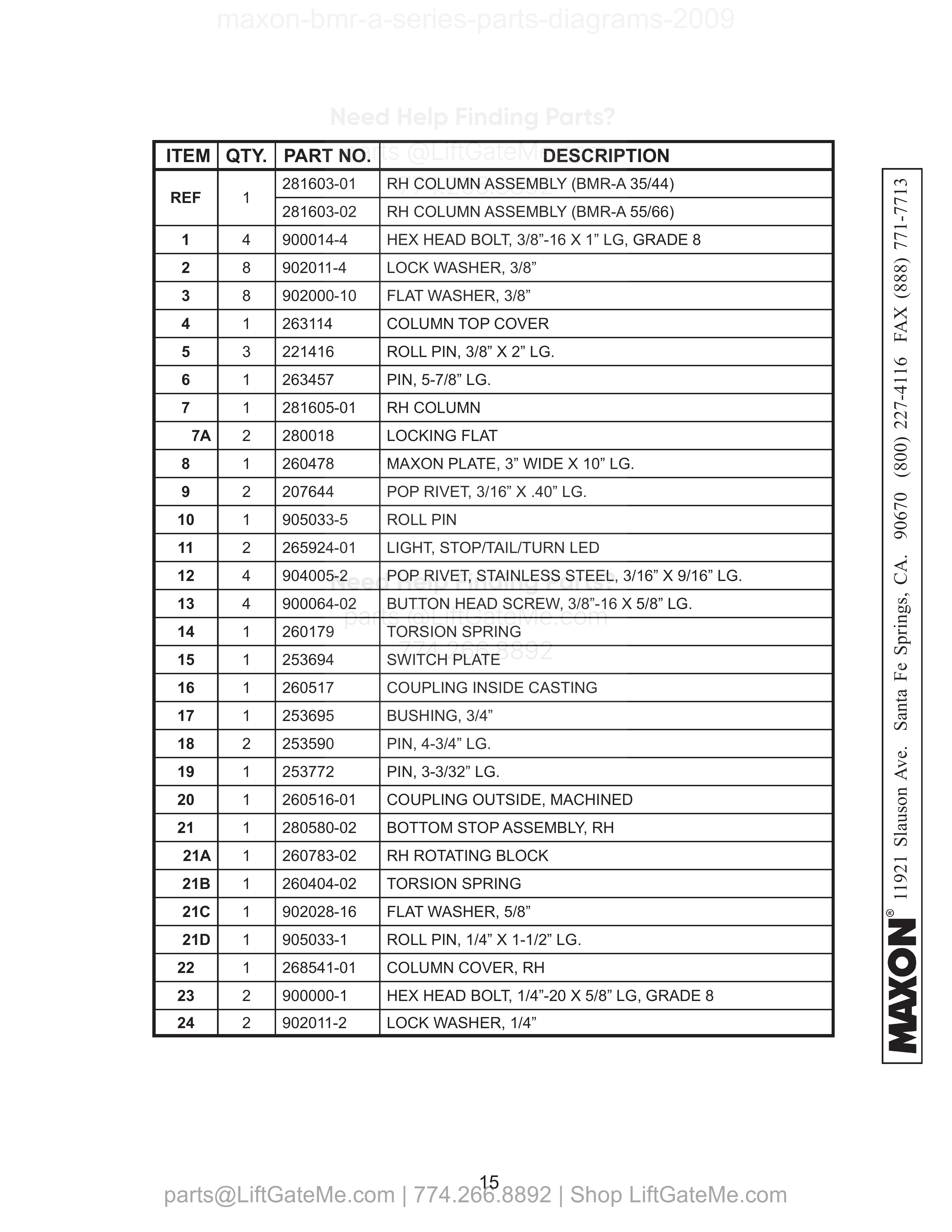 RH COLUMN ASSEMBLY (WITH TAILLIGHTS) parts table