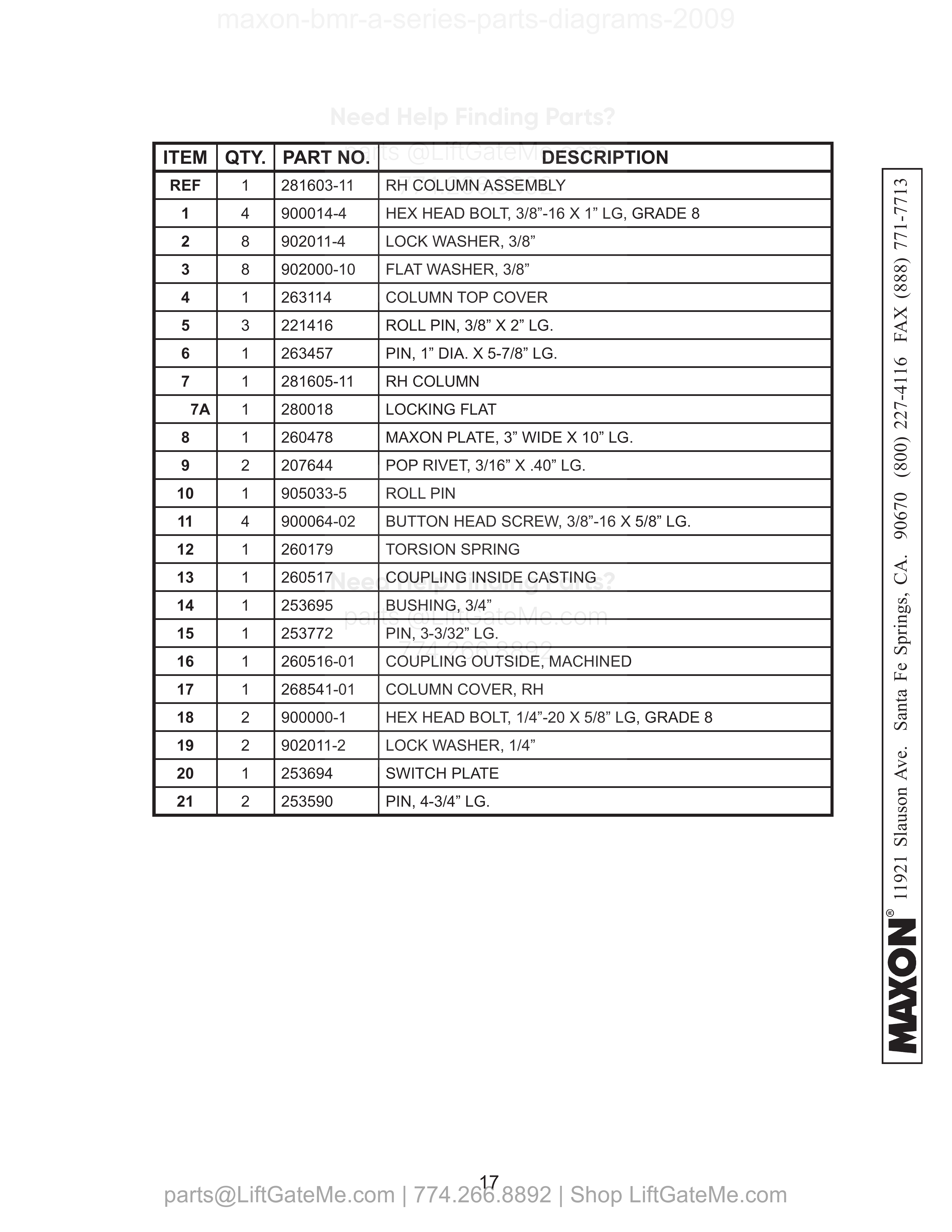RH COLUMN ASSEMBLY (WITHOUT TAILLIGHTS) parts table
