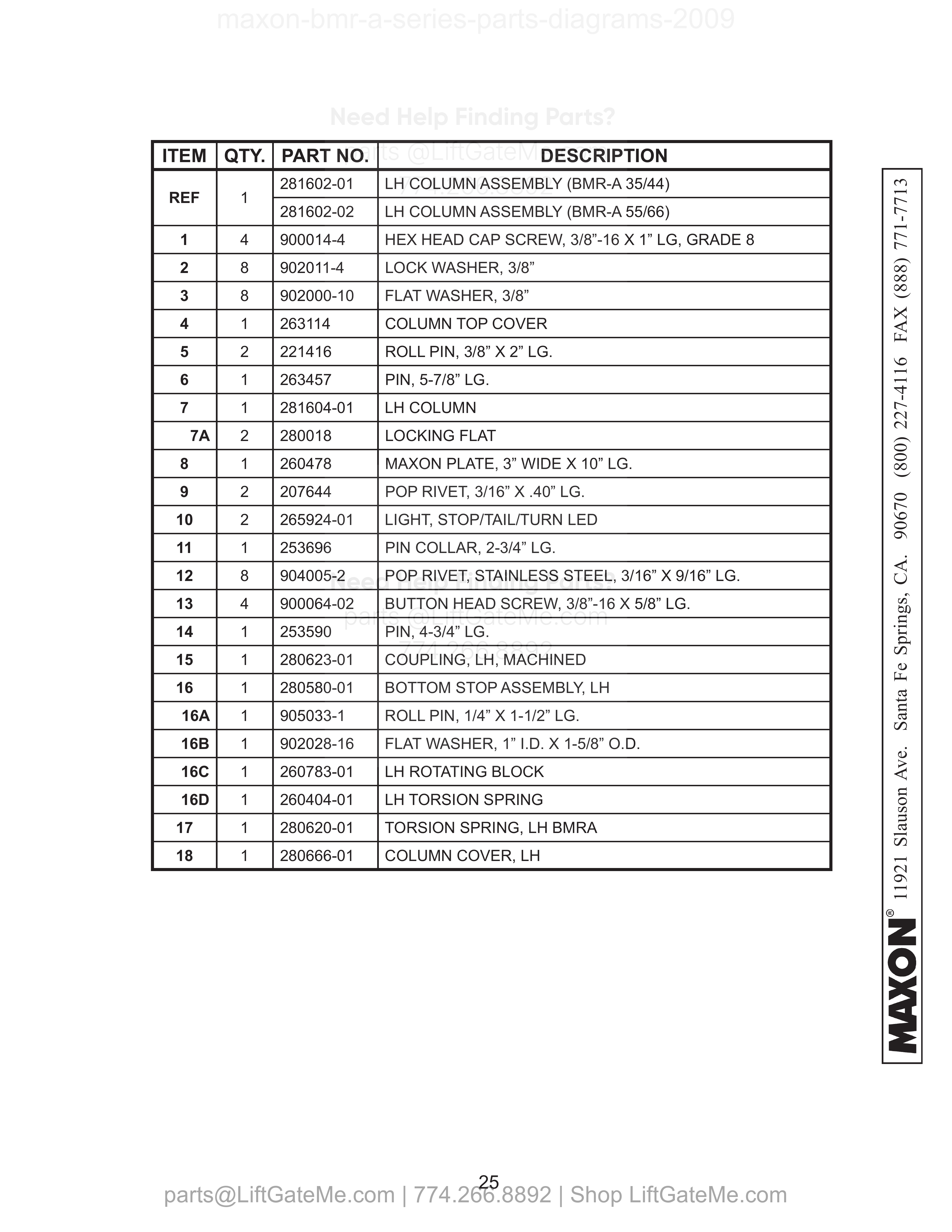 LH COLUMN ASSEMBLY (WITH TAILLIGHTS) parts table