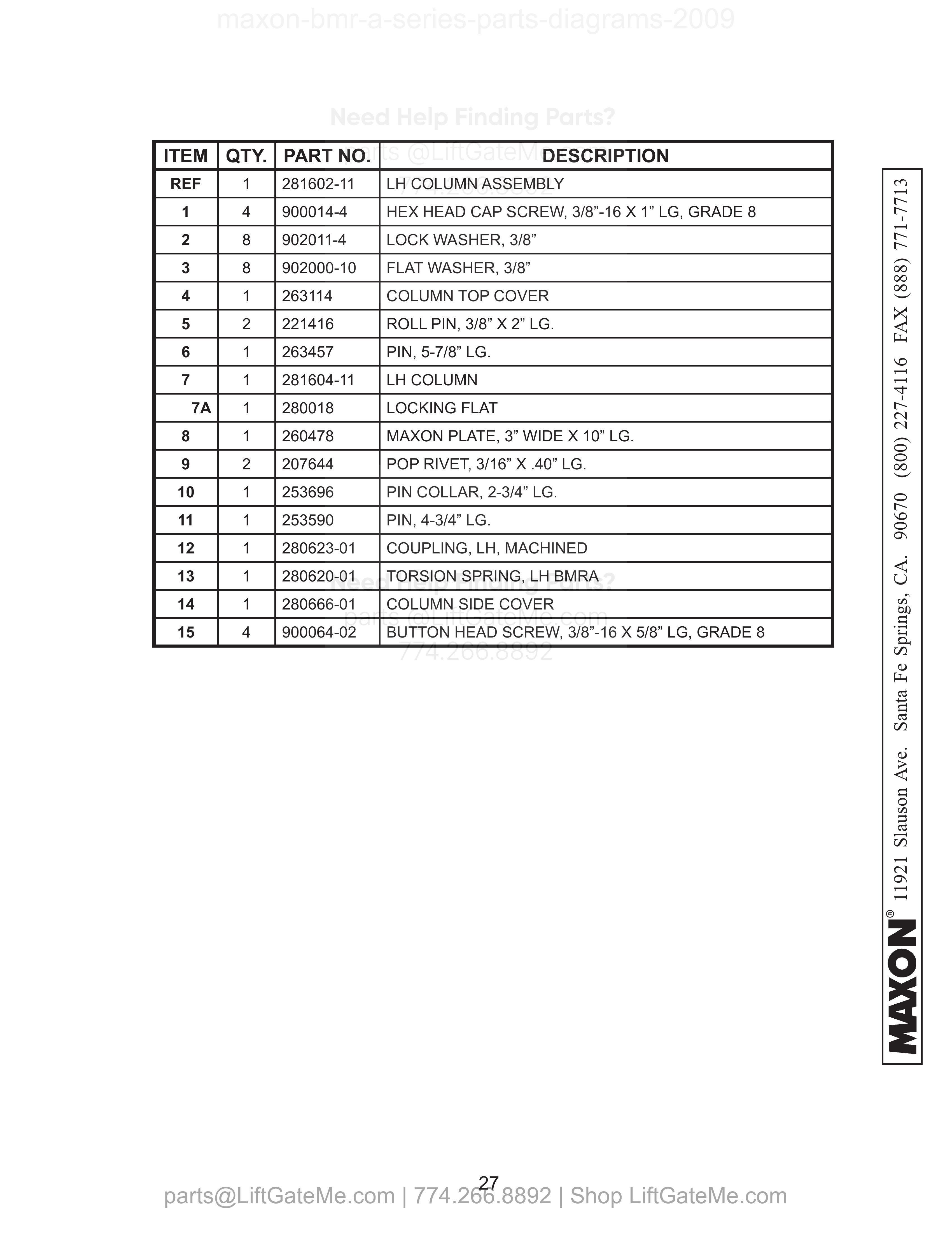 LH COLUMN ASSEMBLY (WITHOUT TAILLIGHTS) parts table