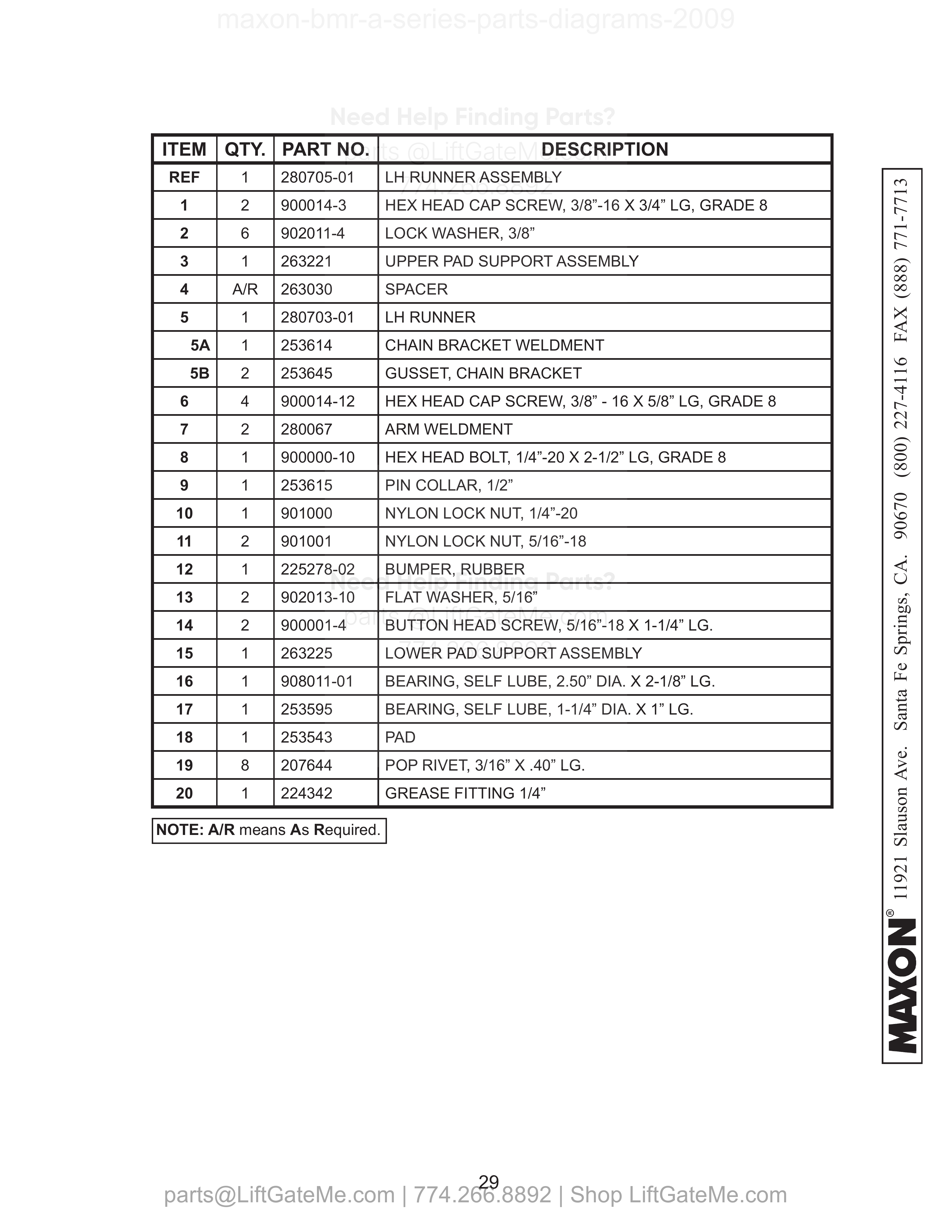 LH RUNNER ASSEMBLY (BMR-A) parts table