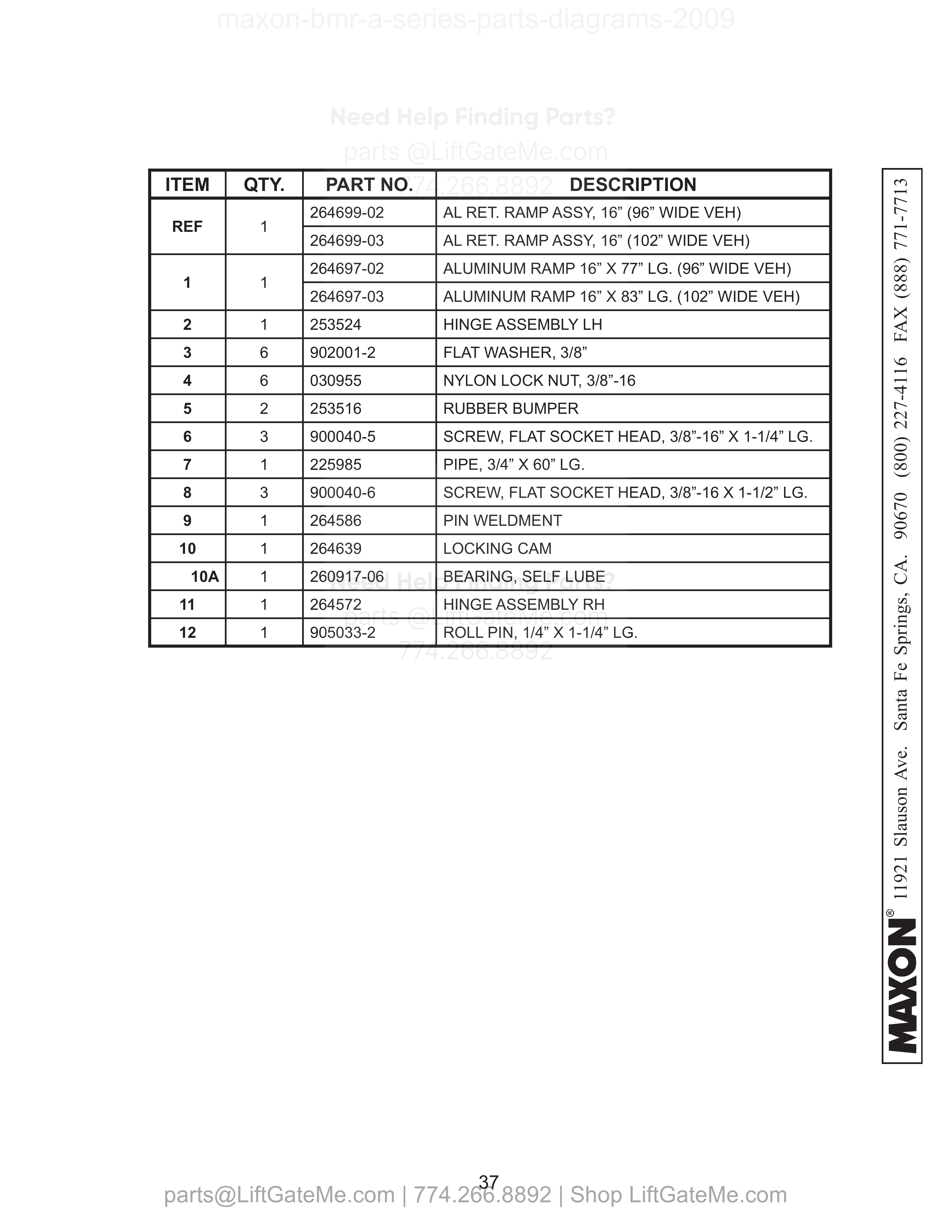 Aluminum Retention Ramp Assembly (Use With Steel Platform) parts table