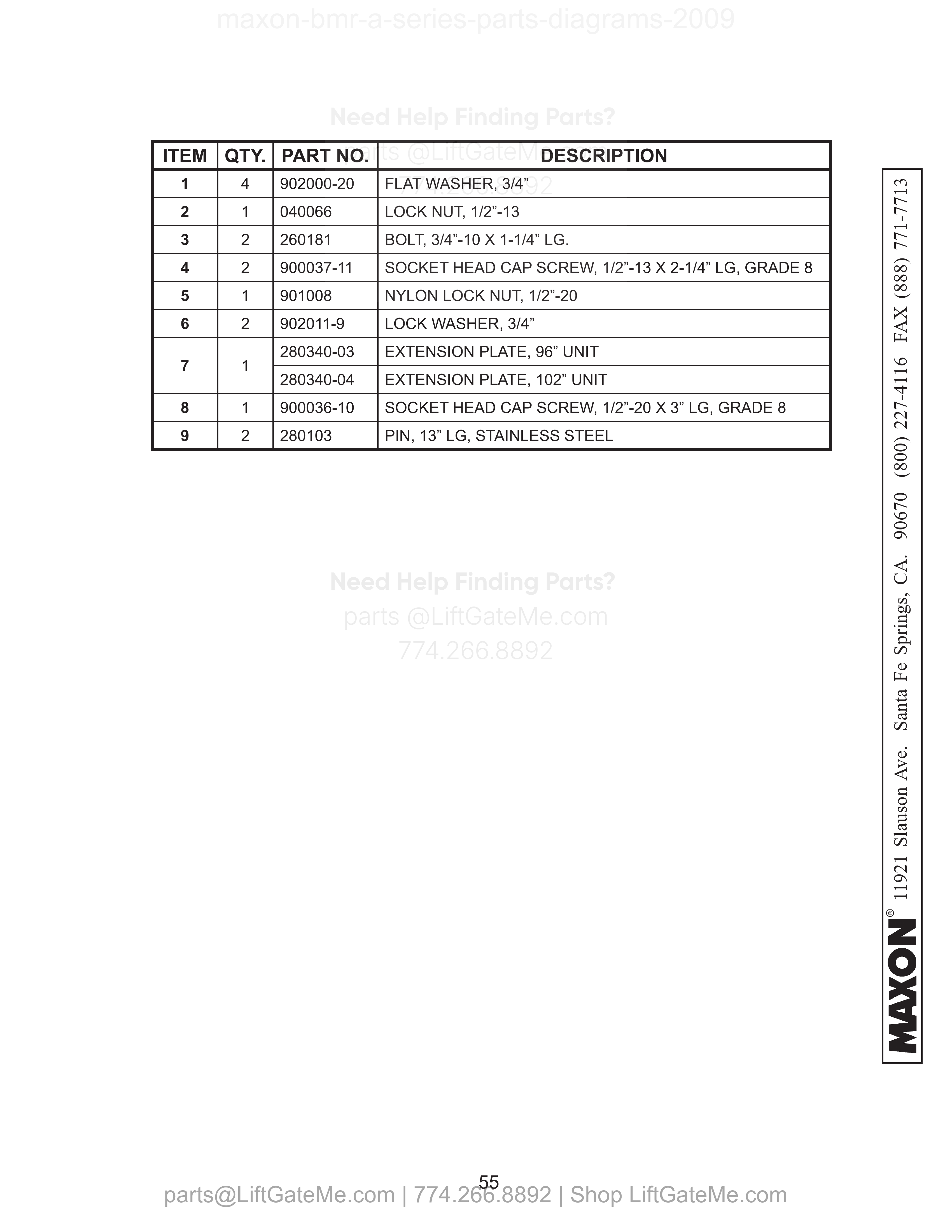 MAIN FRAME & ATTACHING HARDWARE (BMR-A-CS & ONE PIECE PLATFORM) - STEEL PLATFORM parts table