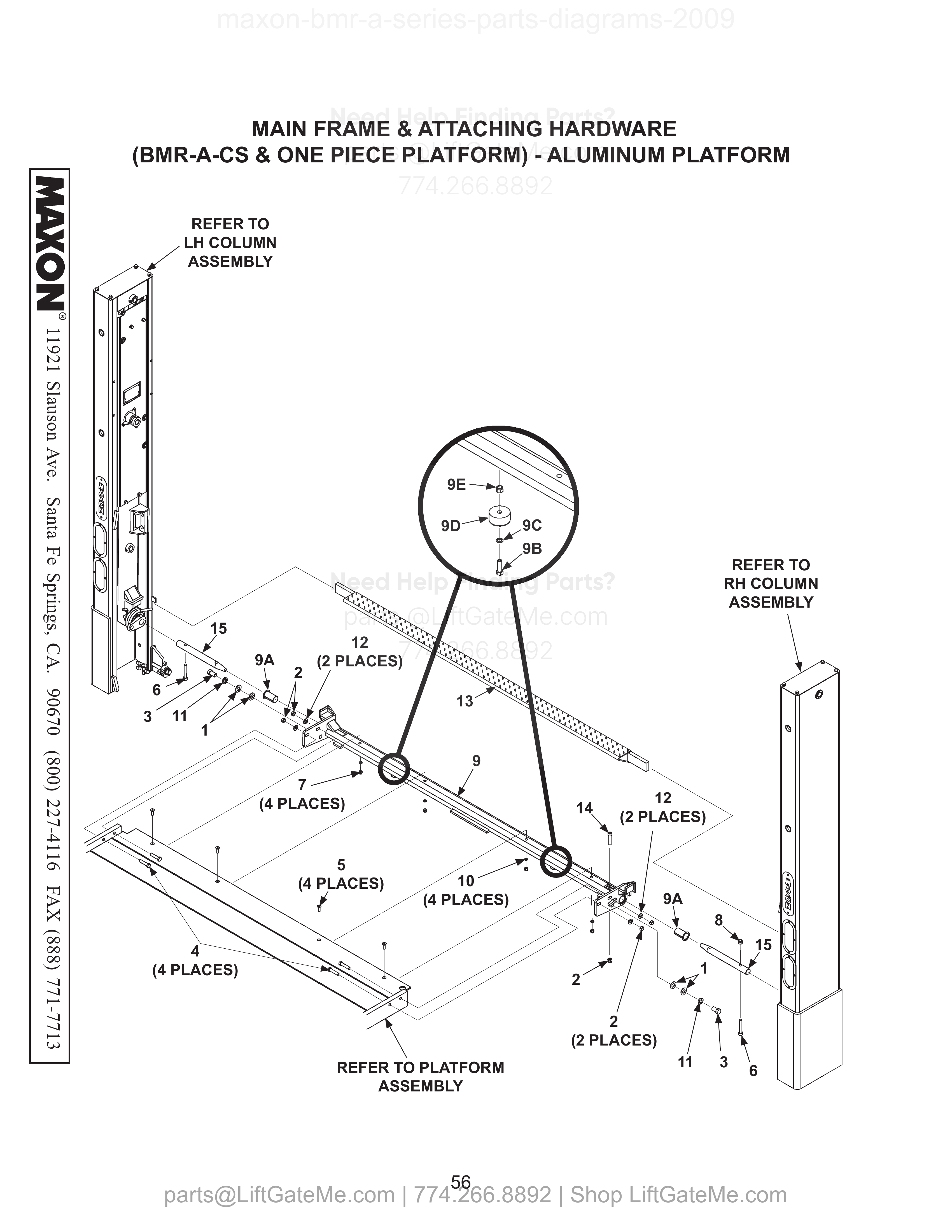 MAIN FRAME & ATTACHING HARDWARE (BMR-A-CS & ONE PIECE PLATFORM) - ALUMINUM PLATFORM diagram