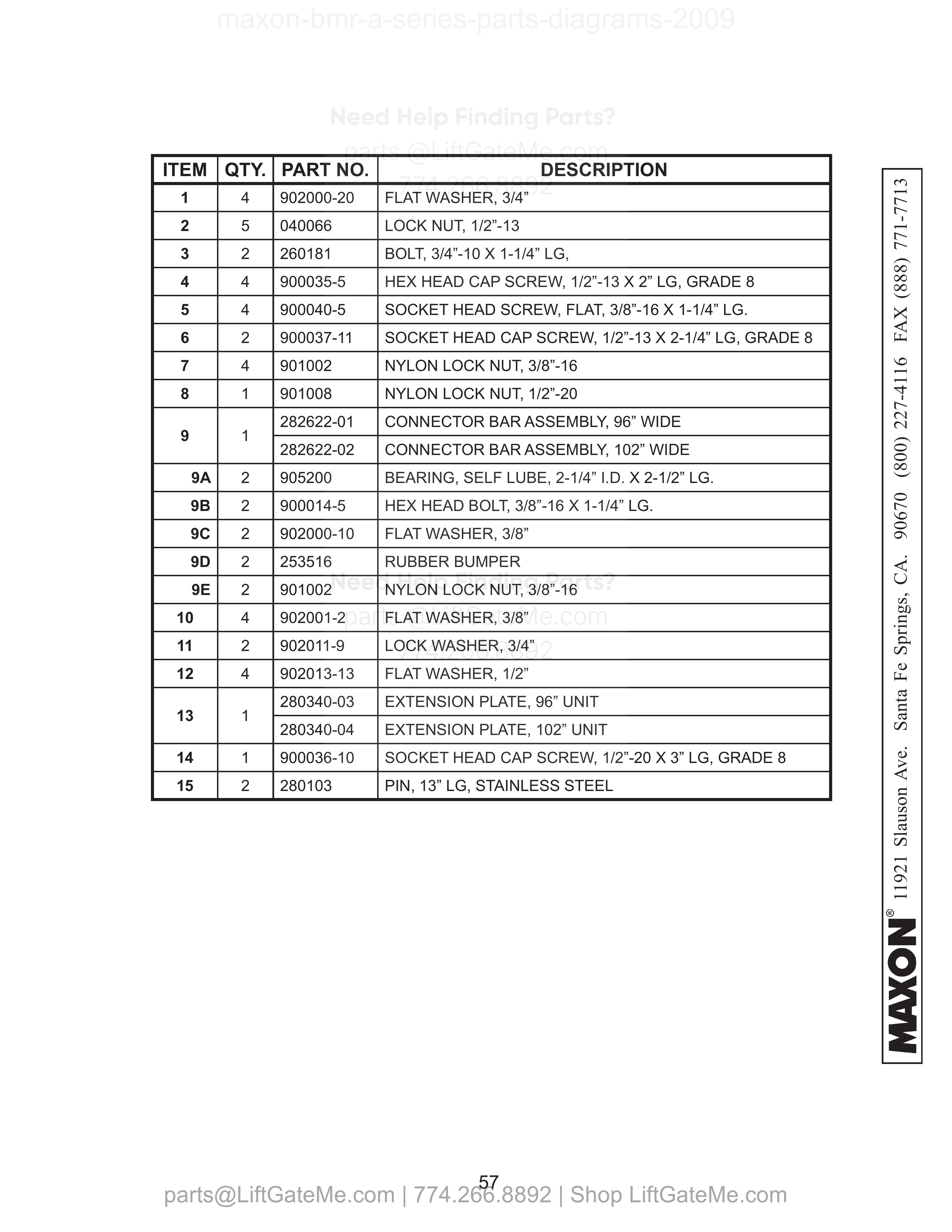 MAIN FRAME & ATTACHING HARDWARE (BMR-A-CS & ONE PIECE PLATFORM) - ALUMINUM PLATFORM parts table