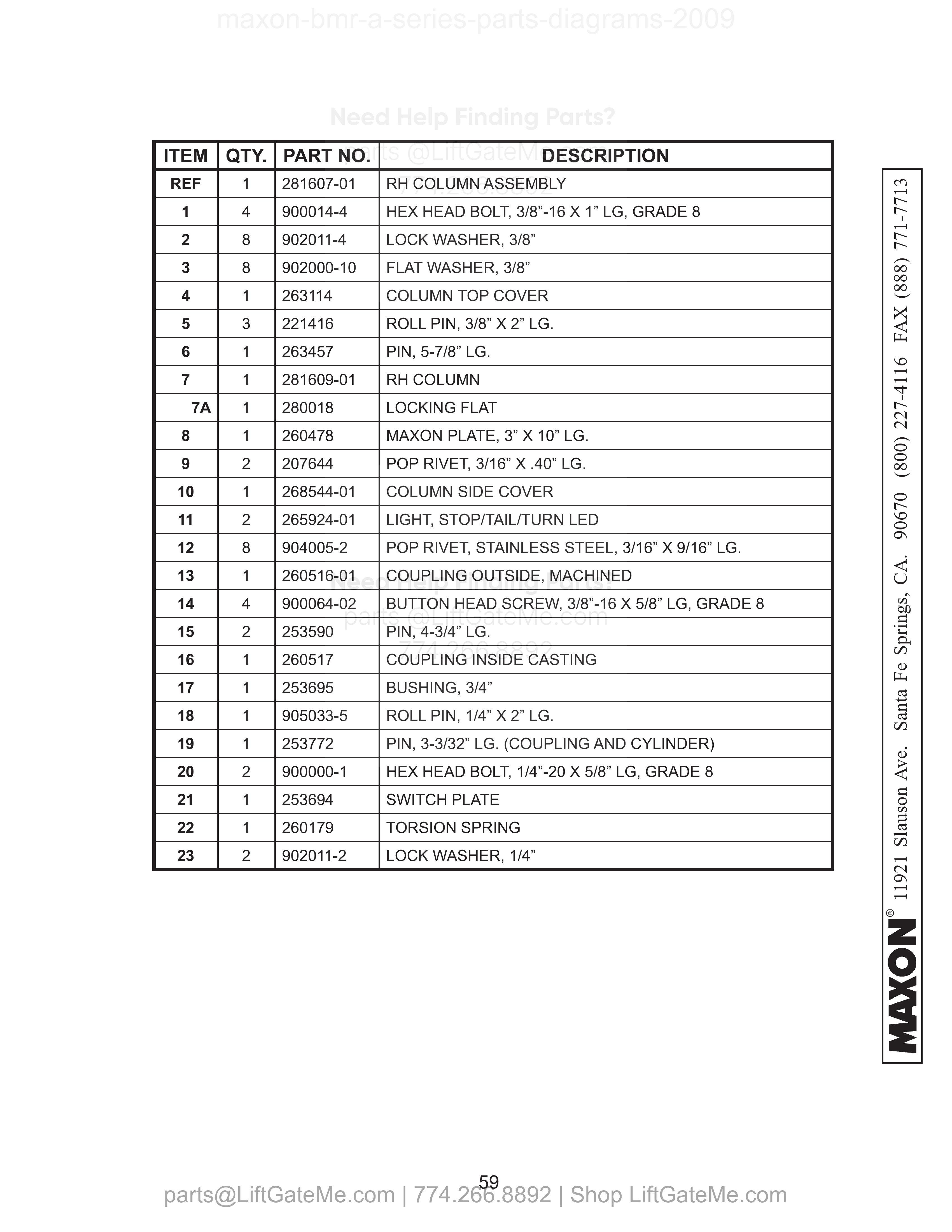 RH COLUMN ASSEMBLY (BMR-A-CS & ONE PIECE) parts table