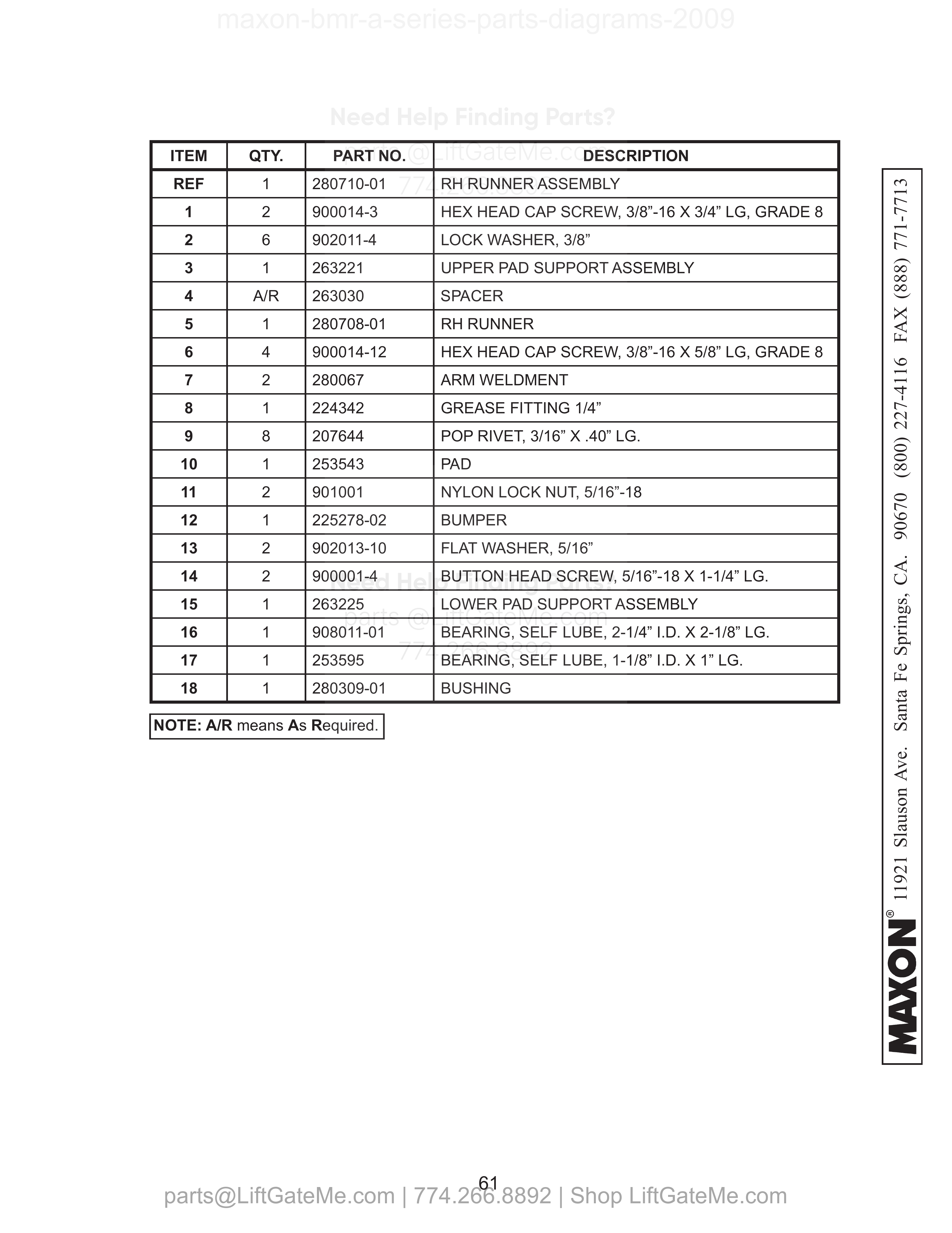 RH RUNNER ASSEMBLY (BMR-A-CS & ONE PIECE) parts table