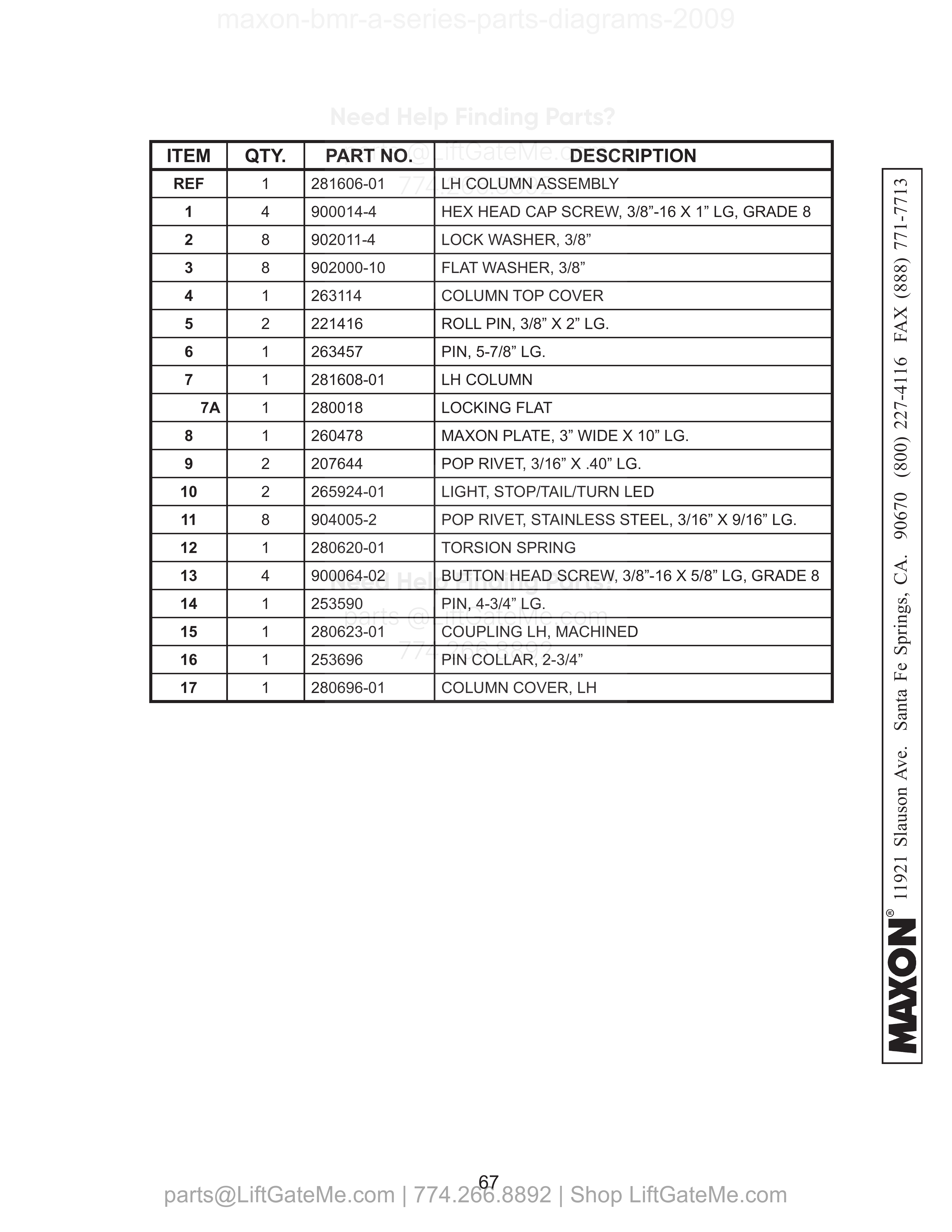 LH COLUMN ASSEMBLY (BMR-A-CS & ONE PIECE) parts table