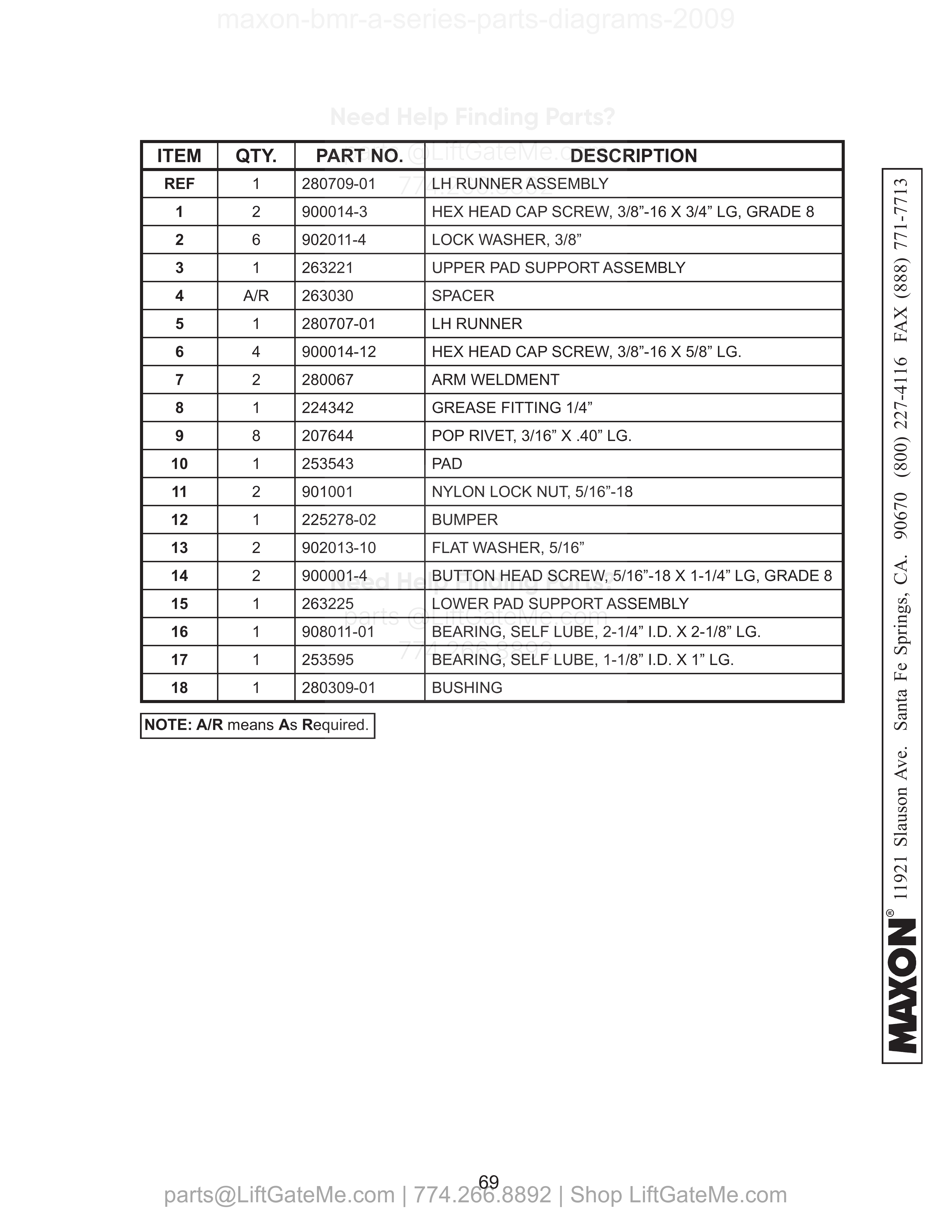 LH RUNNER ASSEMBLY (BMR-A-CS & ONE PIECE) parts table