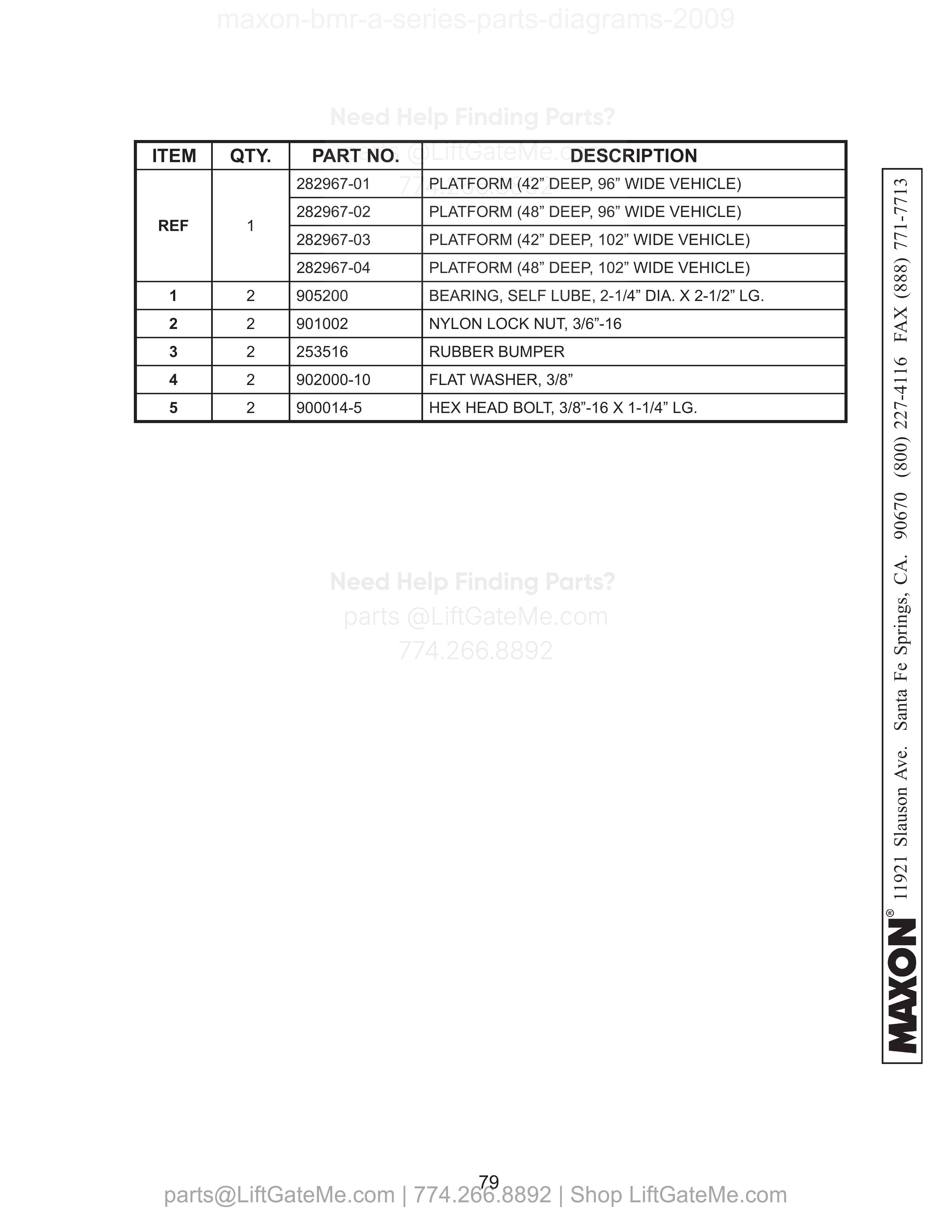 STEEL PLATFORM AND ALUMINUM RETENTION RAMP ASSEMBLY parts table