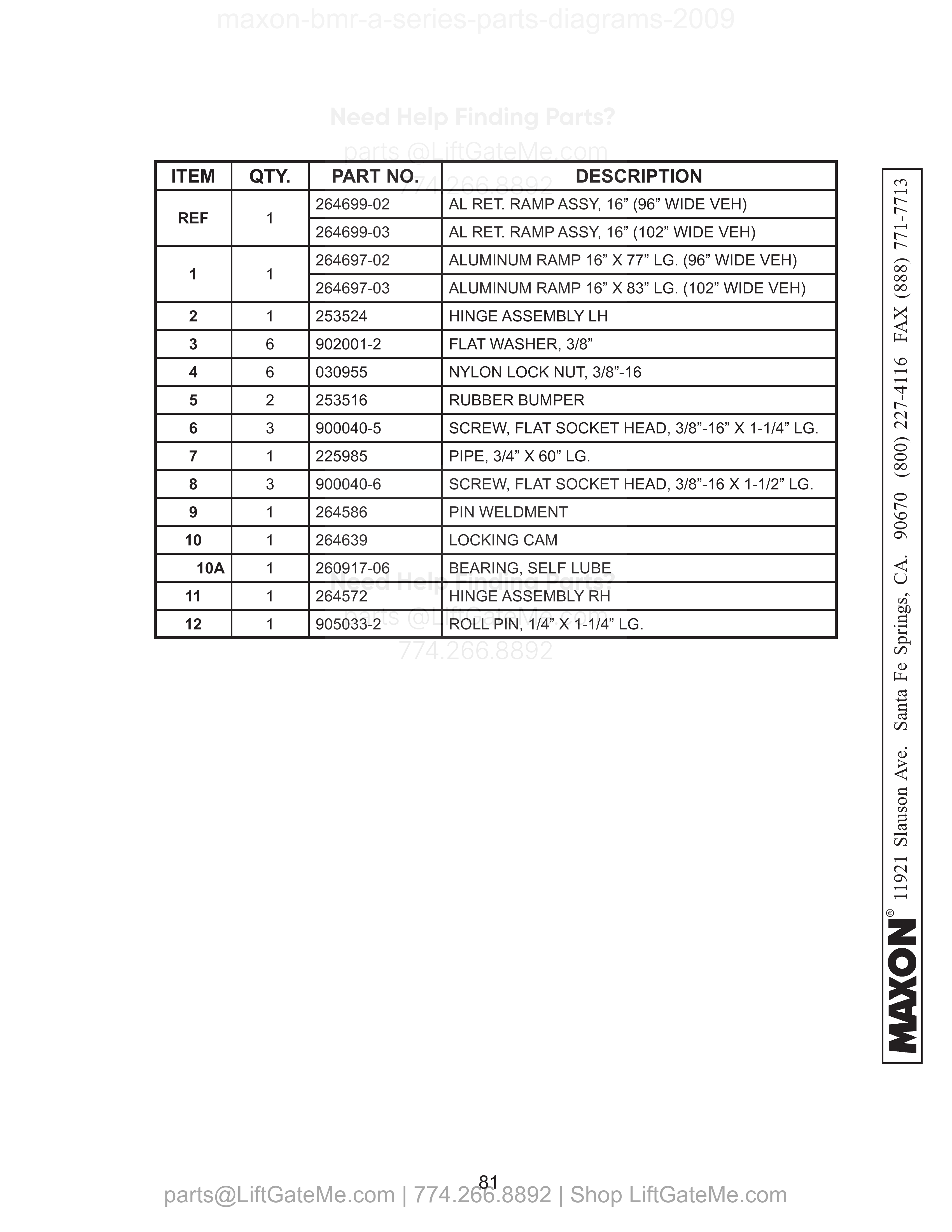 ALUMINUM RETENTION RAMP ASSEMBLY (USED WITH STEEL PLATFORM) parts table