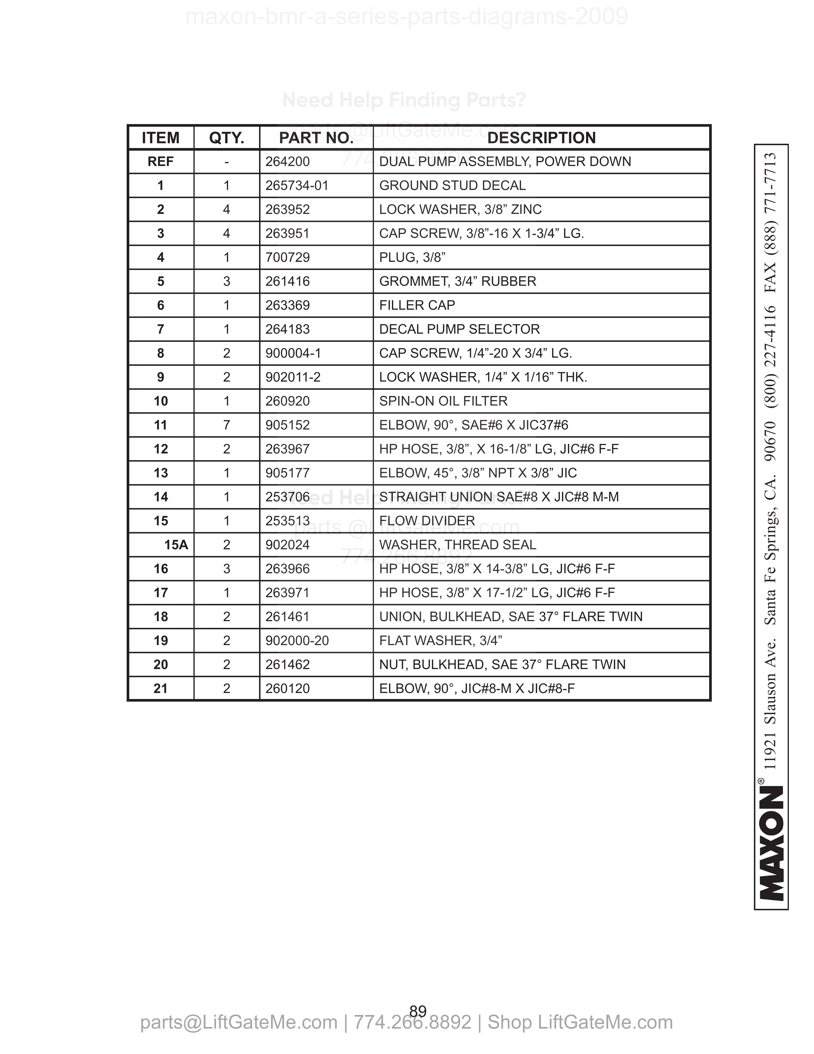 HYDRAULIC COMPONENTS parts table