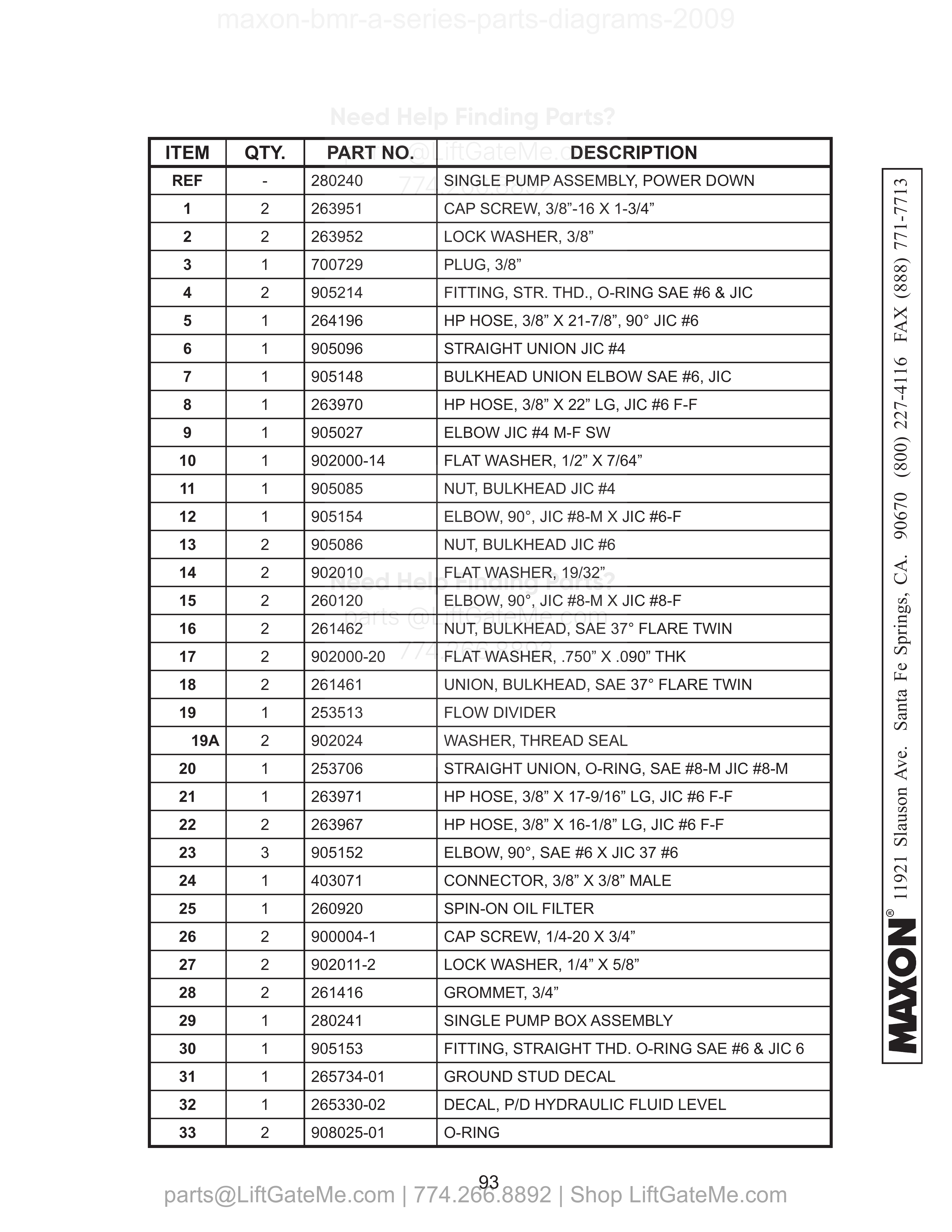 SINGLE PUMP ASSEMBLY (POWER DOWN) parts table