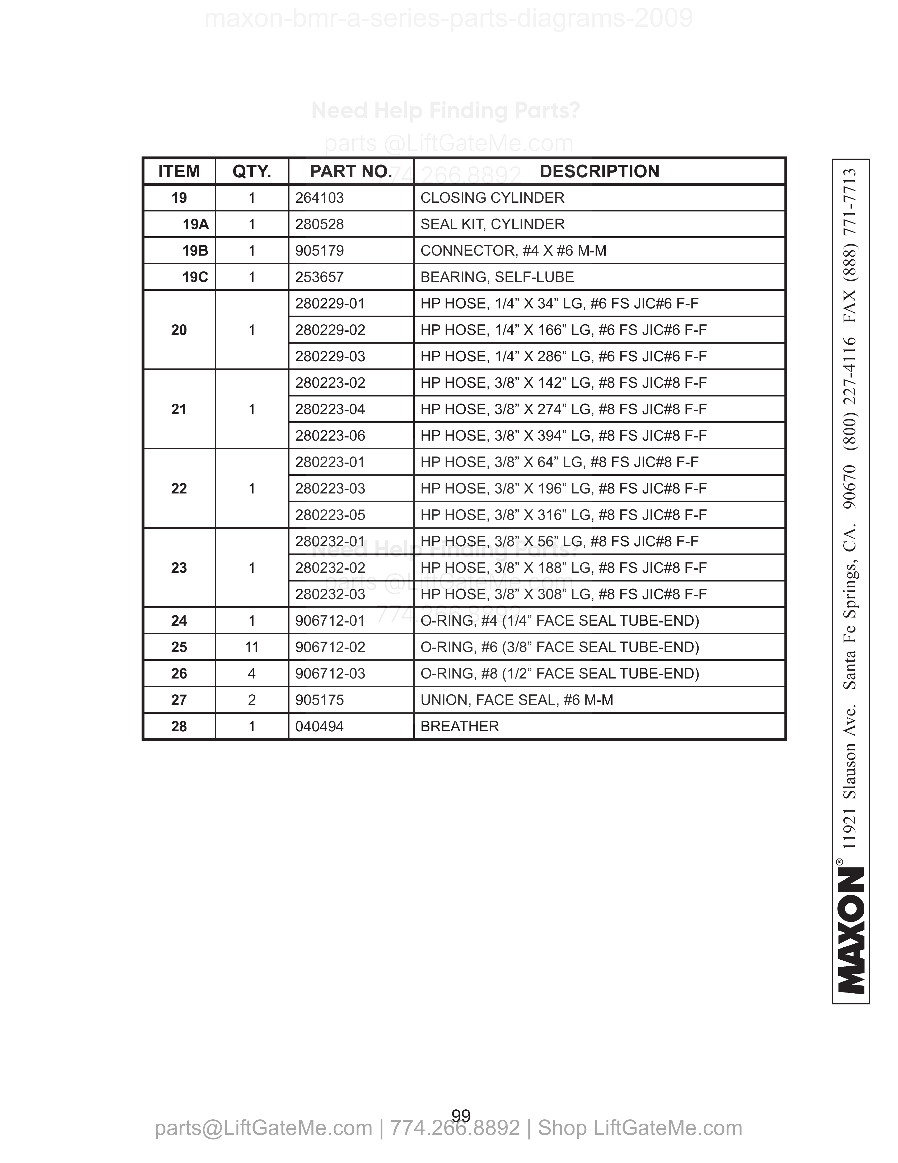 HYDRAULIC COMPONENTS (POWER DOWN) - Continued parts table