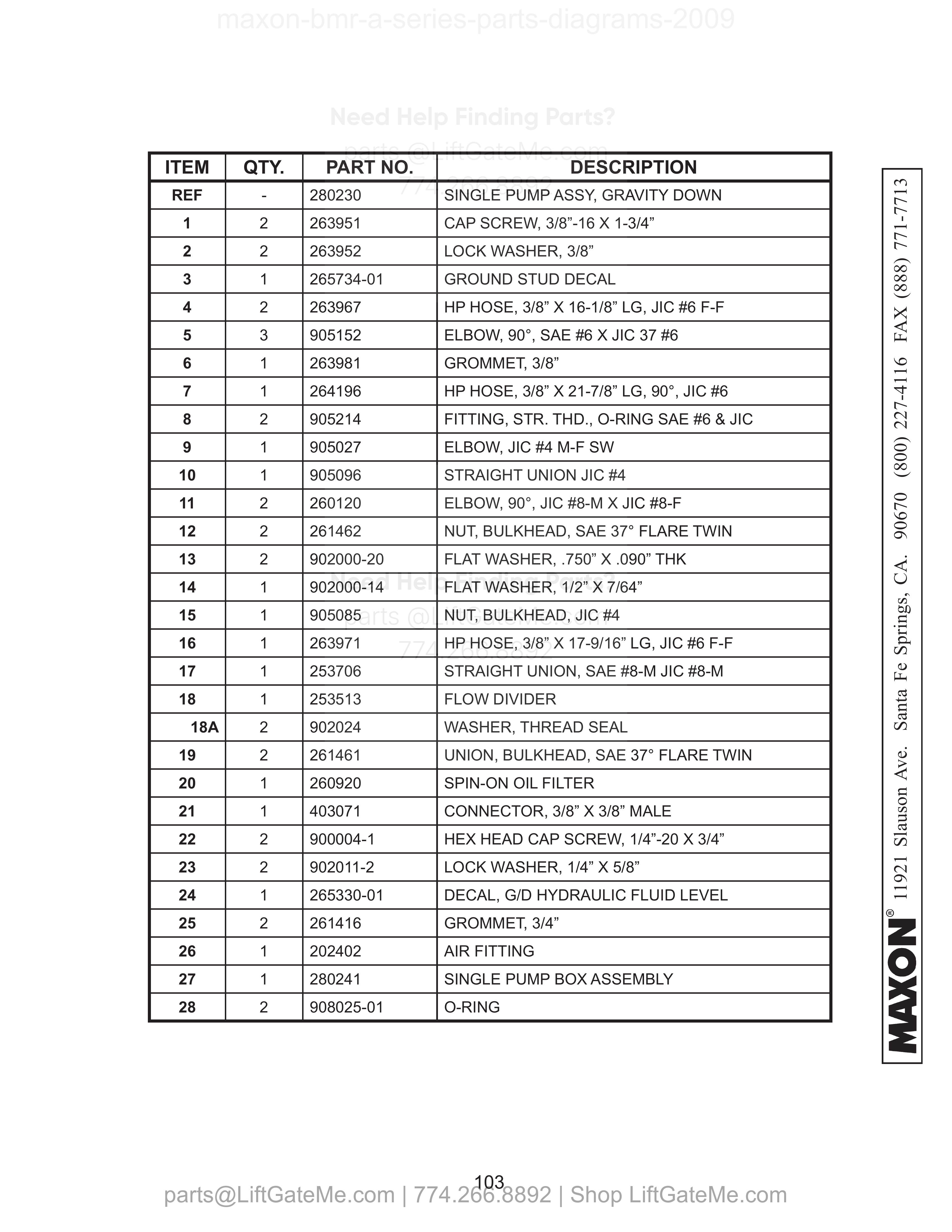 SINGLE PUMP ASSEMBLY (GRAVITY DOWN) parts table