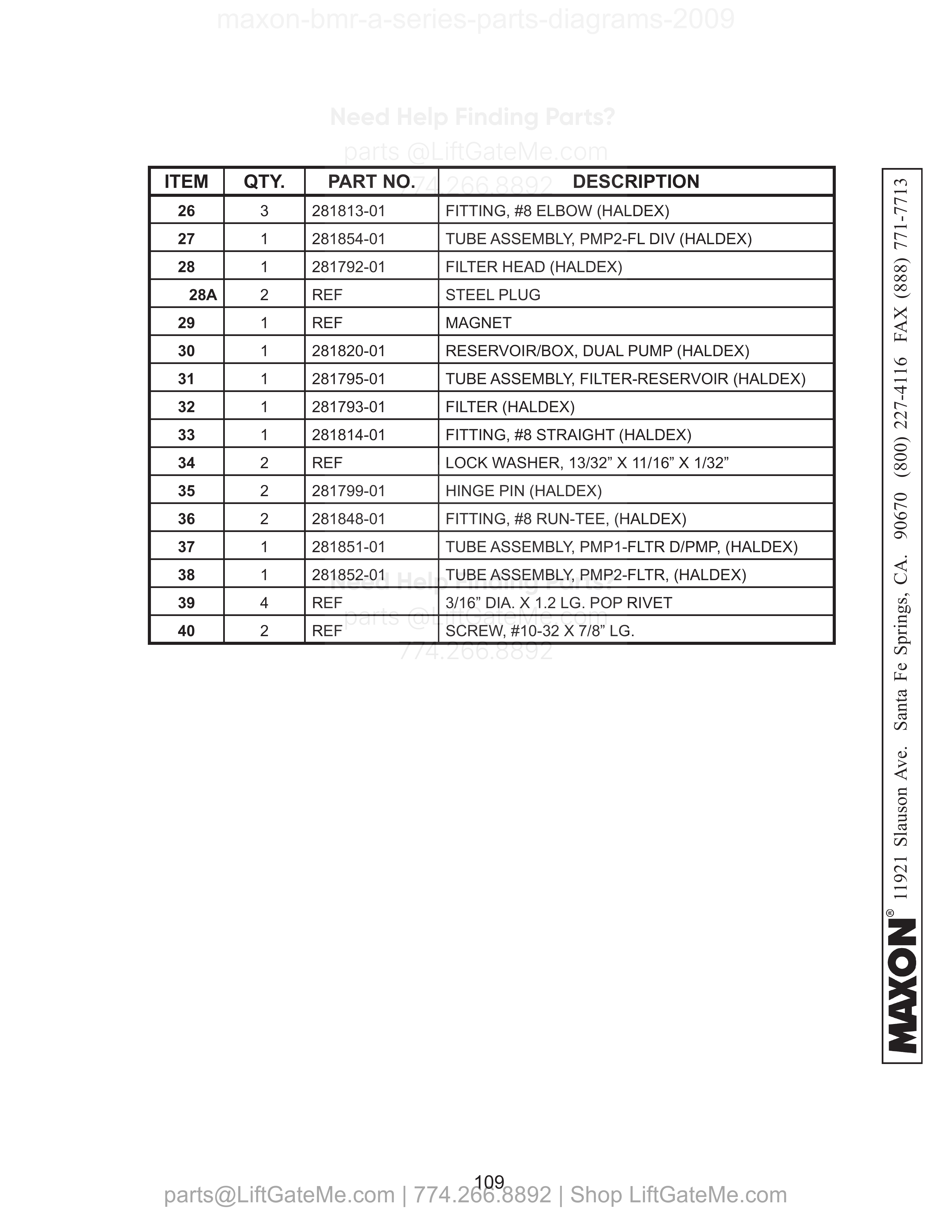 DUAL PUMP ASSEMBLY (EQUIPPED WITH STEEL LINES) - Continued parts table