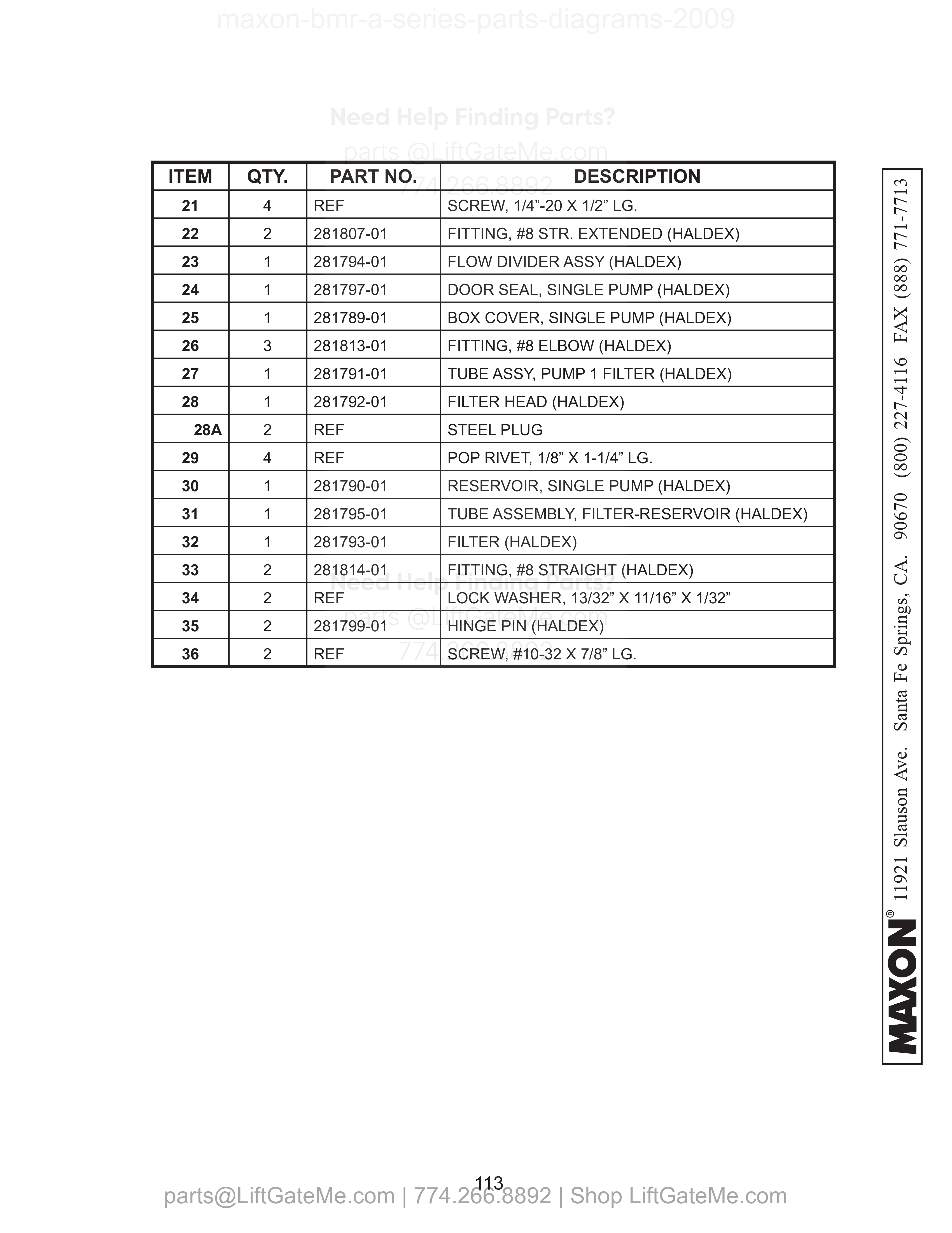 SINGLE PUMP ASSEMBLY (EQUIPPED WITH STEEL LINES) - Continued parts table