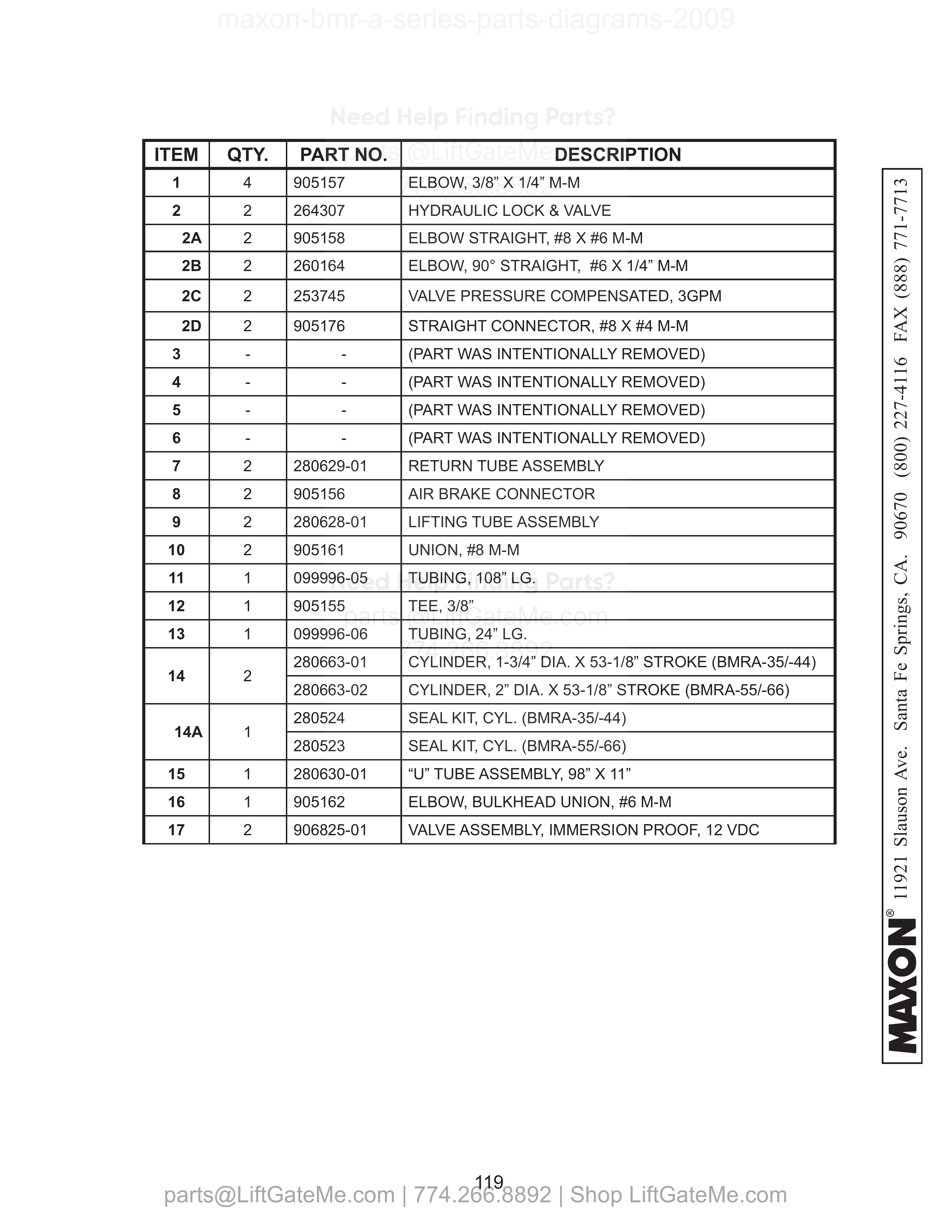 HYDRAULIC COMPONENTS (GRAVITY DOWN) parts table