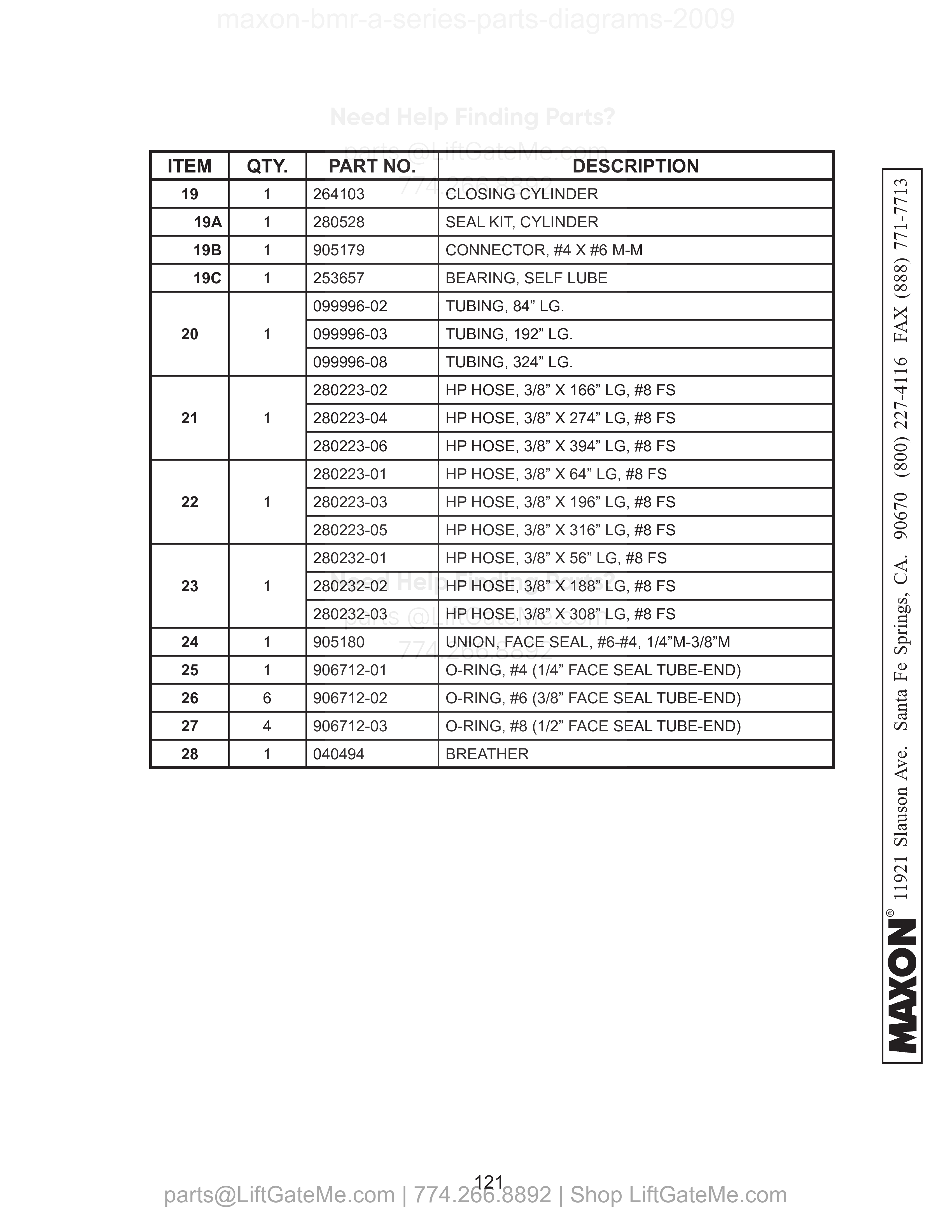 HYDRAULIC COMPONENTS (GRAVITY DOWN) - Continued parts table