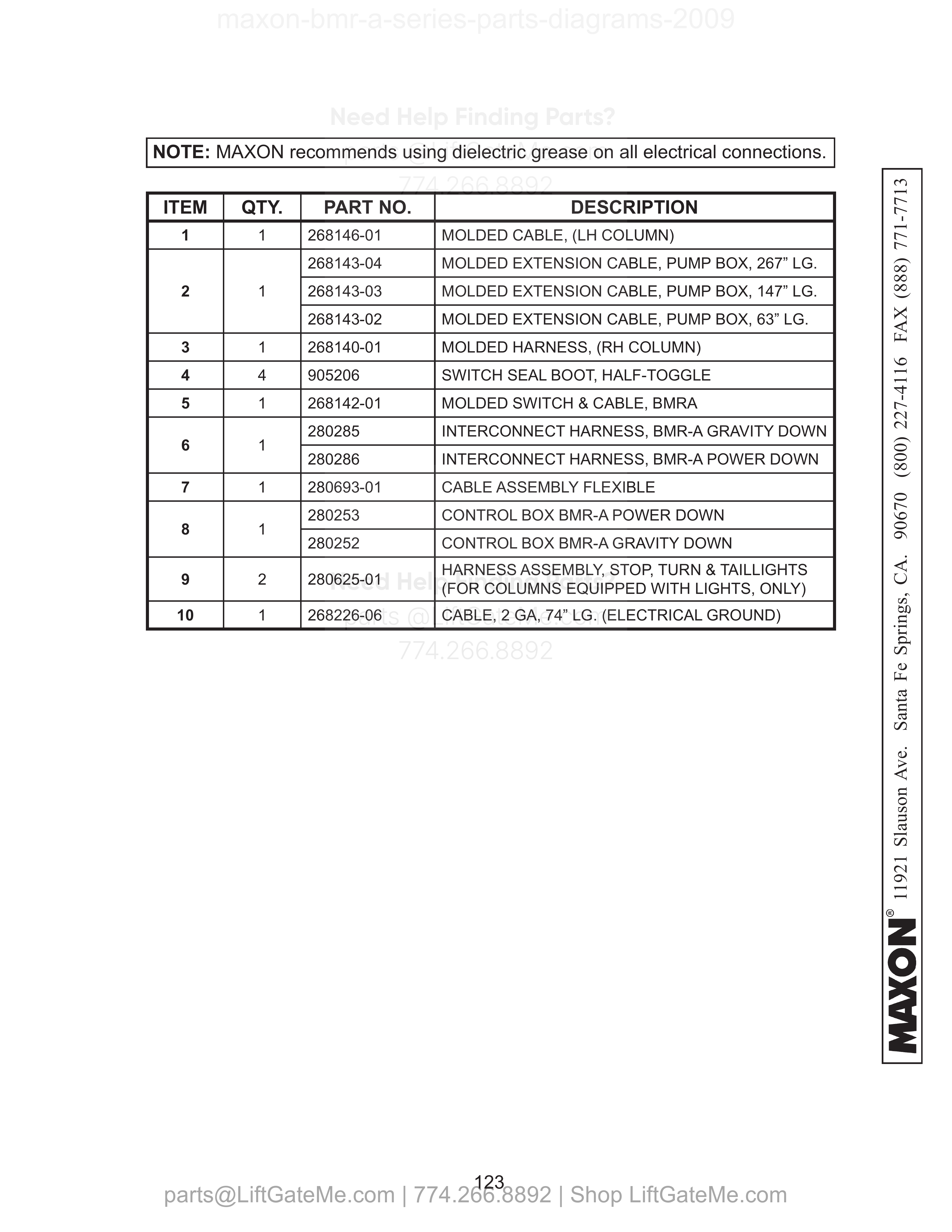 Electrical Components Section parts table