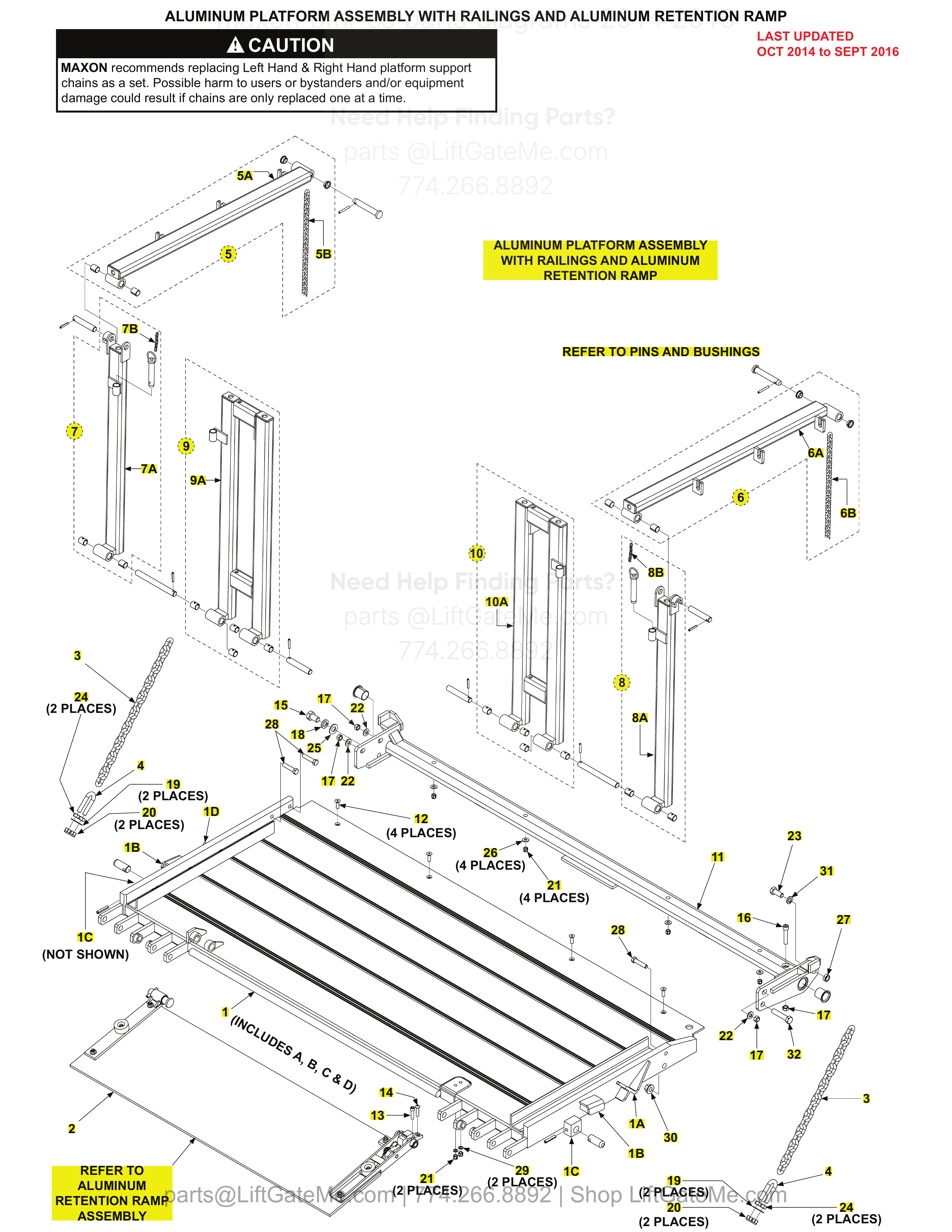 ALUMINUM PLATFORM ASSEMBLY WITH RAILINGS AND ALUMINUM RETENTION RAMP diagram