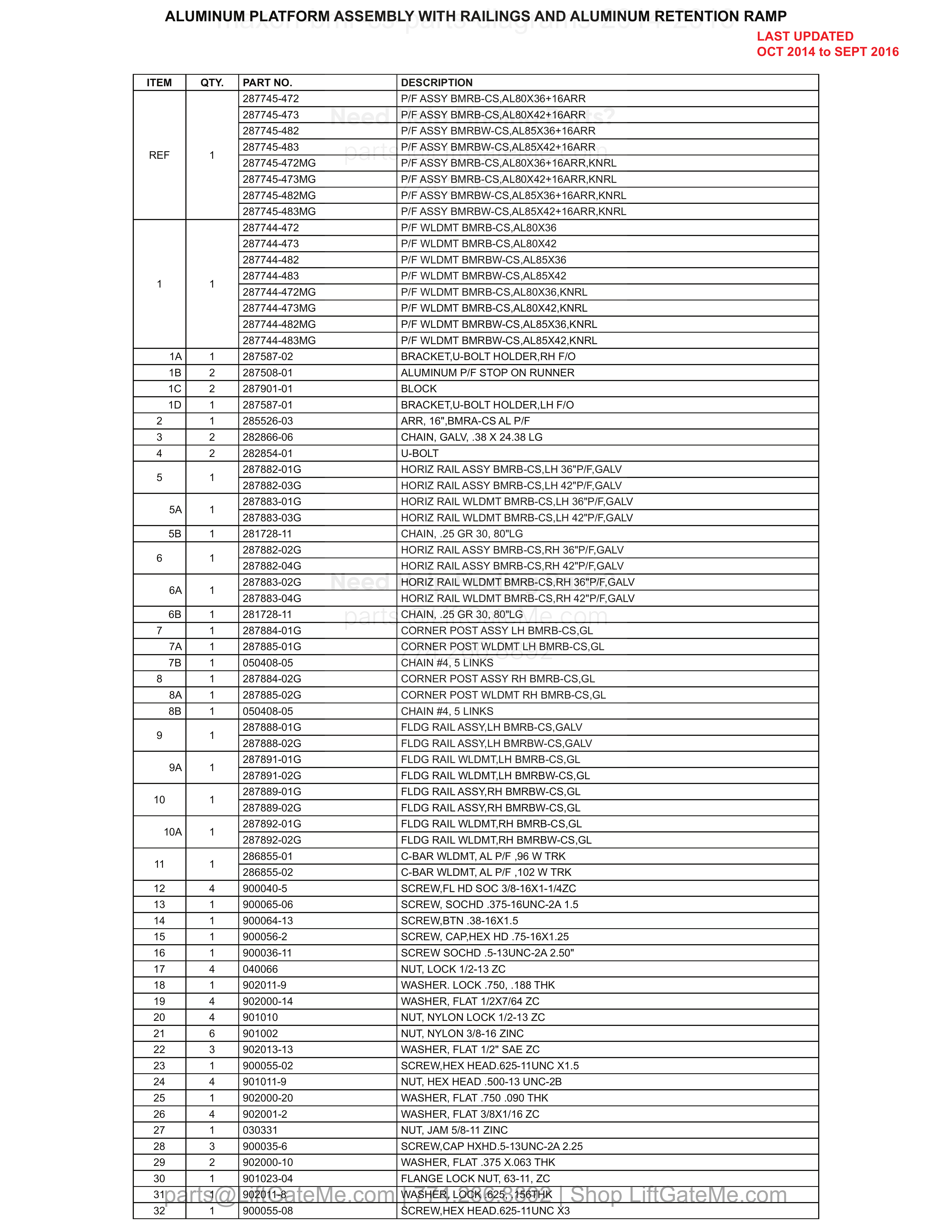 ALUMINUM PLATFORM ASSEMBLY WITH RAILINGS AND ALUMINUM RETENTION RAMP parts table
