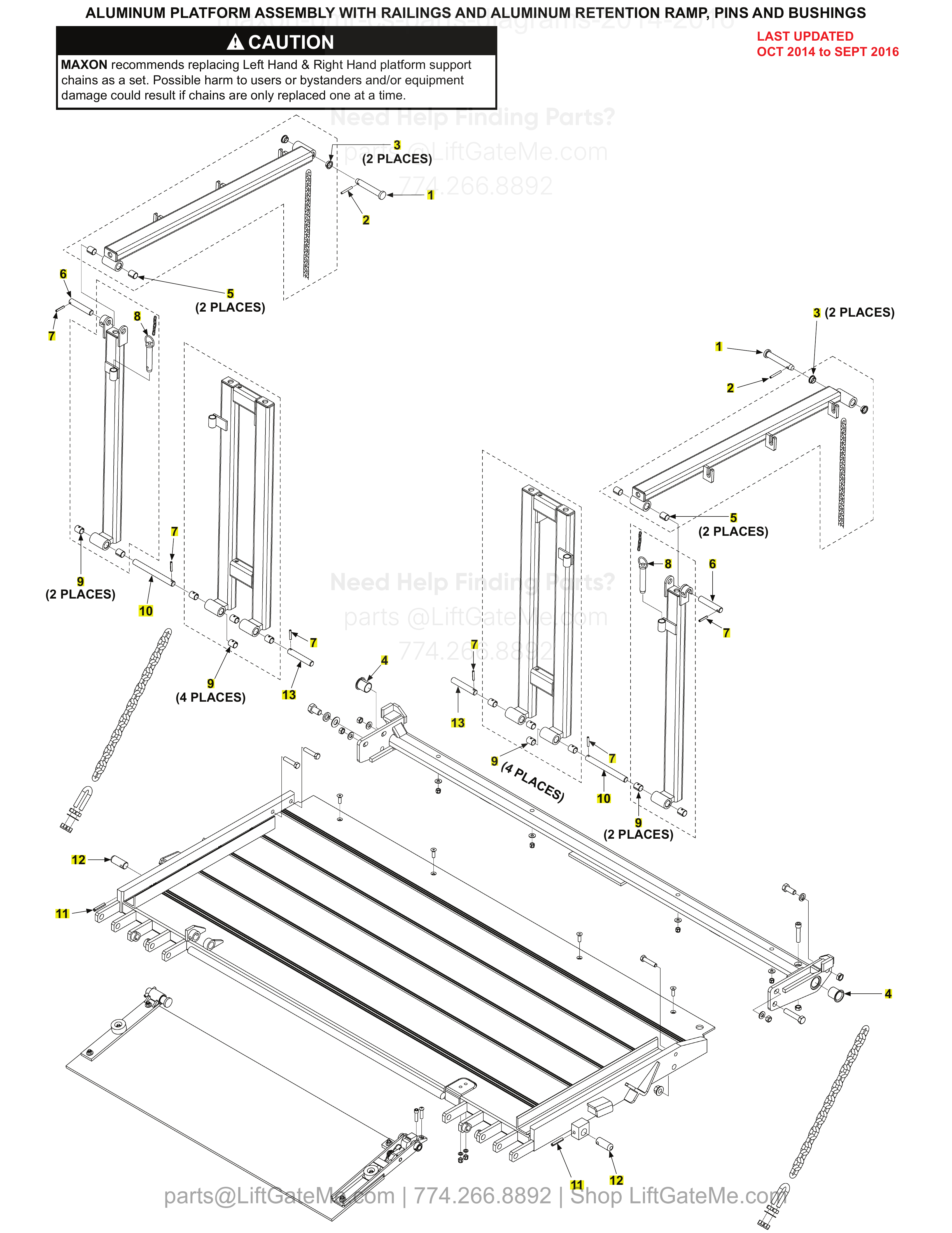 ALUMINUM PLATFORM ASSEMBLY WITH RAILINGS AND ALUMINUM RETENTION RAMP, PINS AND BUSHINGS diagram