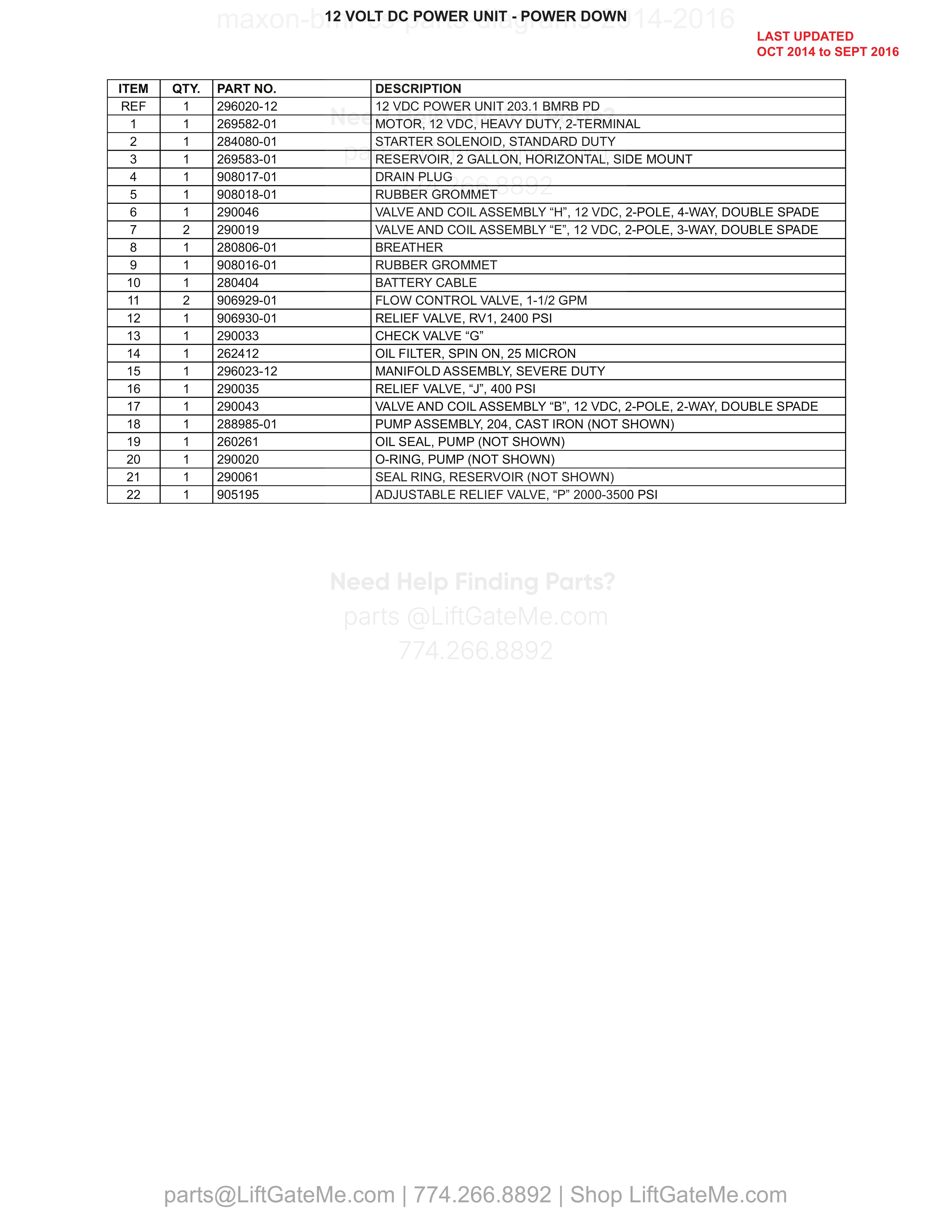 12 VOLT DC POWER UNIT - POWER DOWN parts table