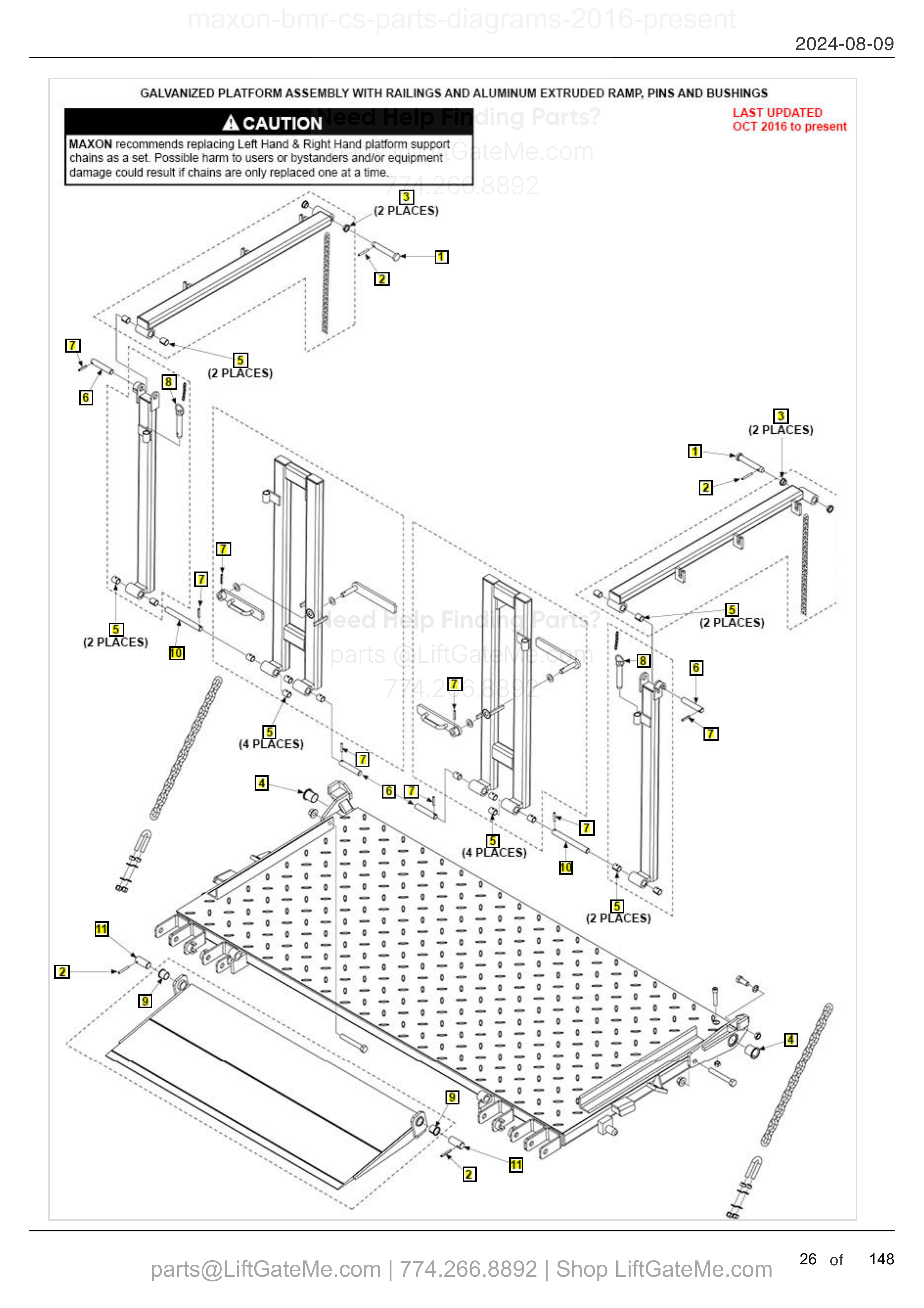 GALVANIZED PLATFORM ASSEMBLY WITH RAILINGS AND ALUMINUM EXTRUDED RAMP, PINS AND BUSHINGS diagram