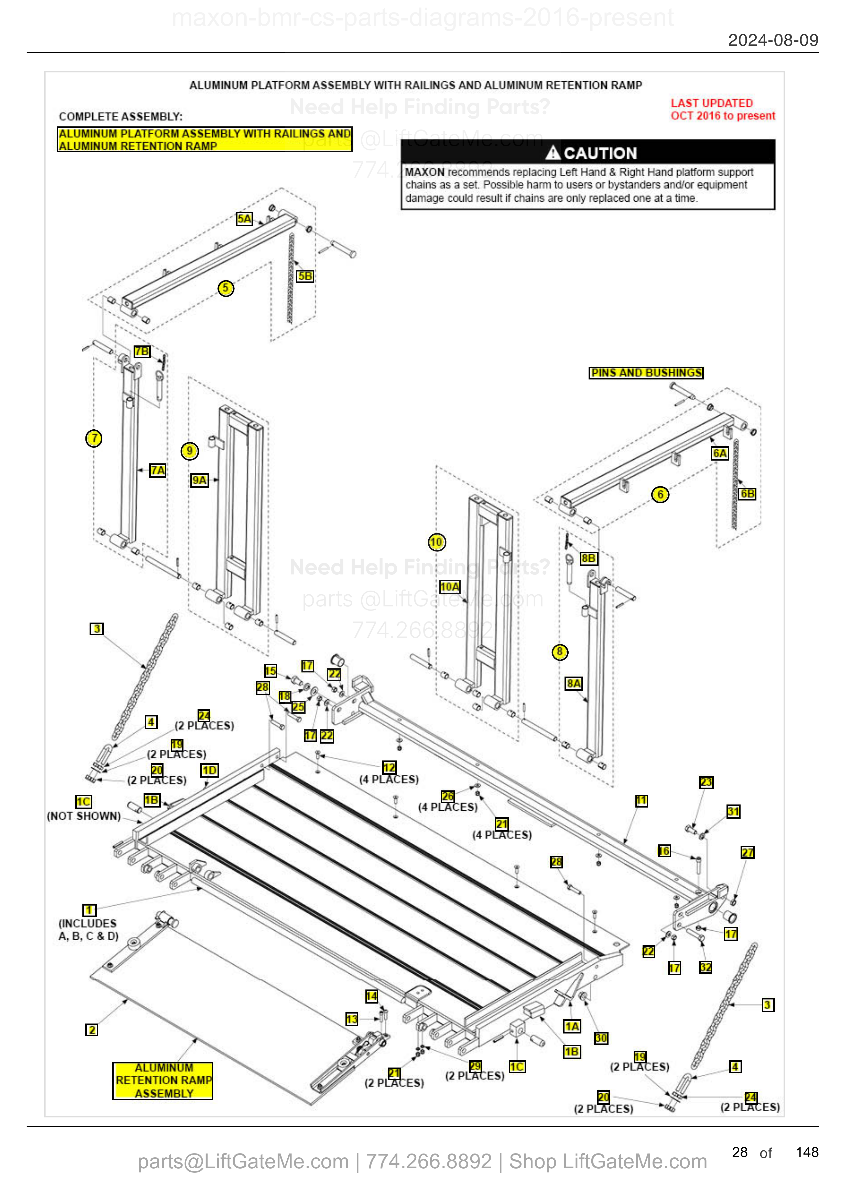 ALUMINUM PLATFORM ASSEMBLY WITH RAILINGS AND ALUMINUM RETENTION RAMP diagram