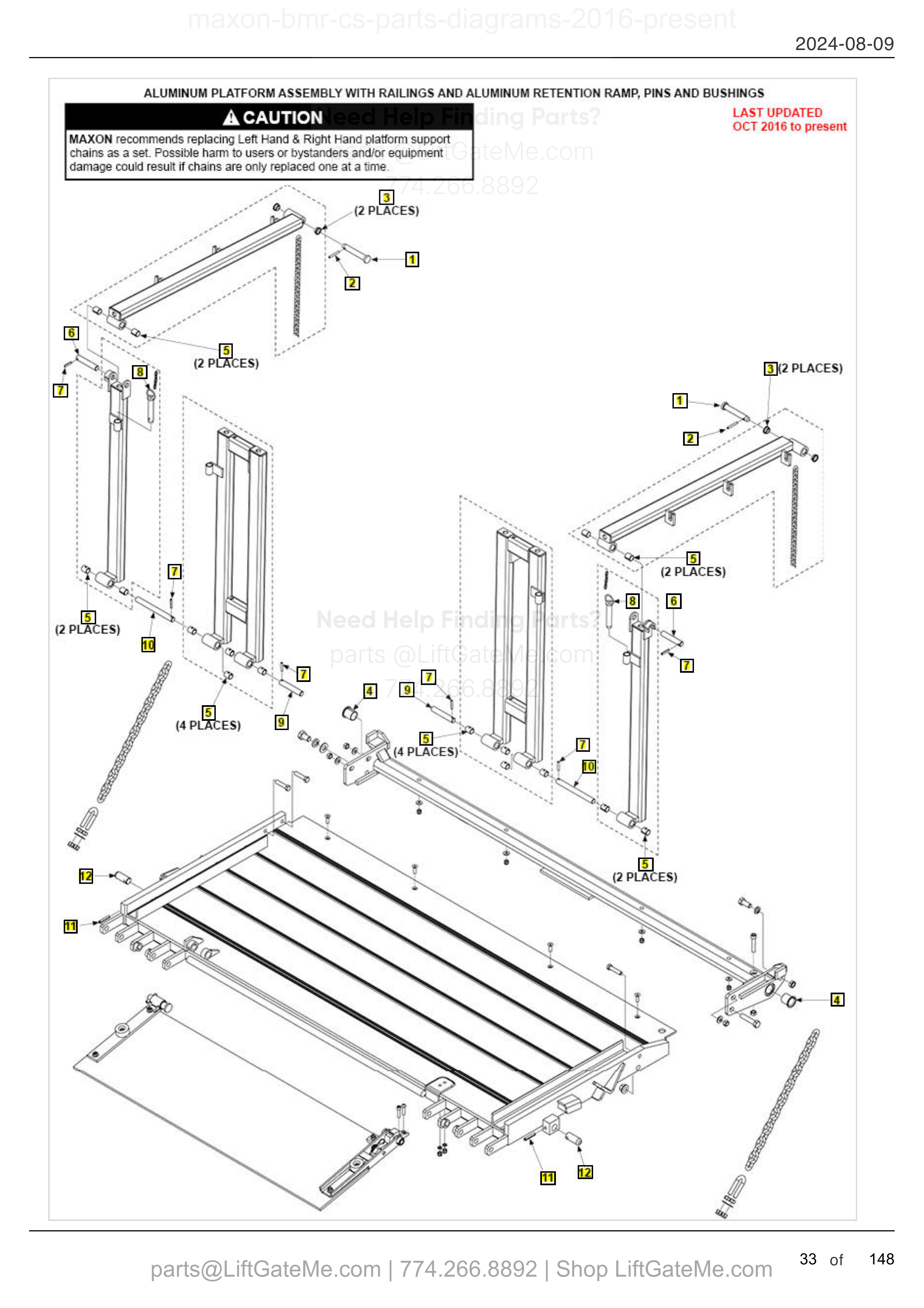 ALUMINUM PLATFORM ASSEMBLY WITH RAILINGS AND ALUMINUM RETENTION RAMP, PINS AND BUSHINGS diagram