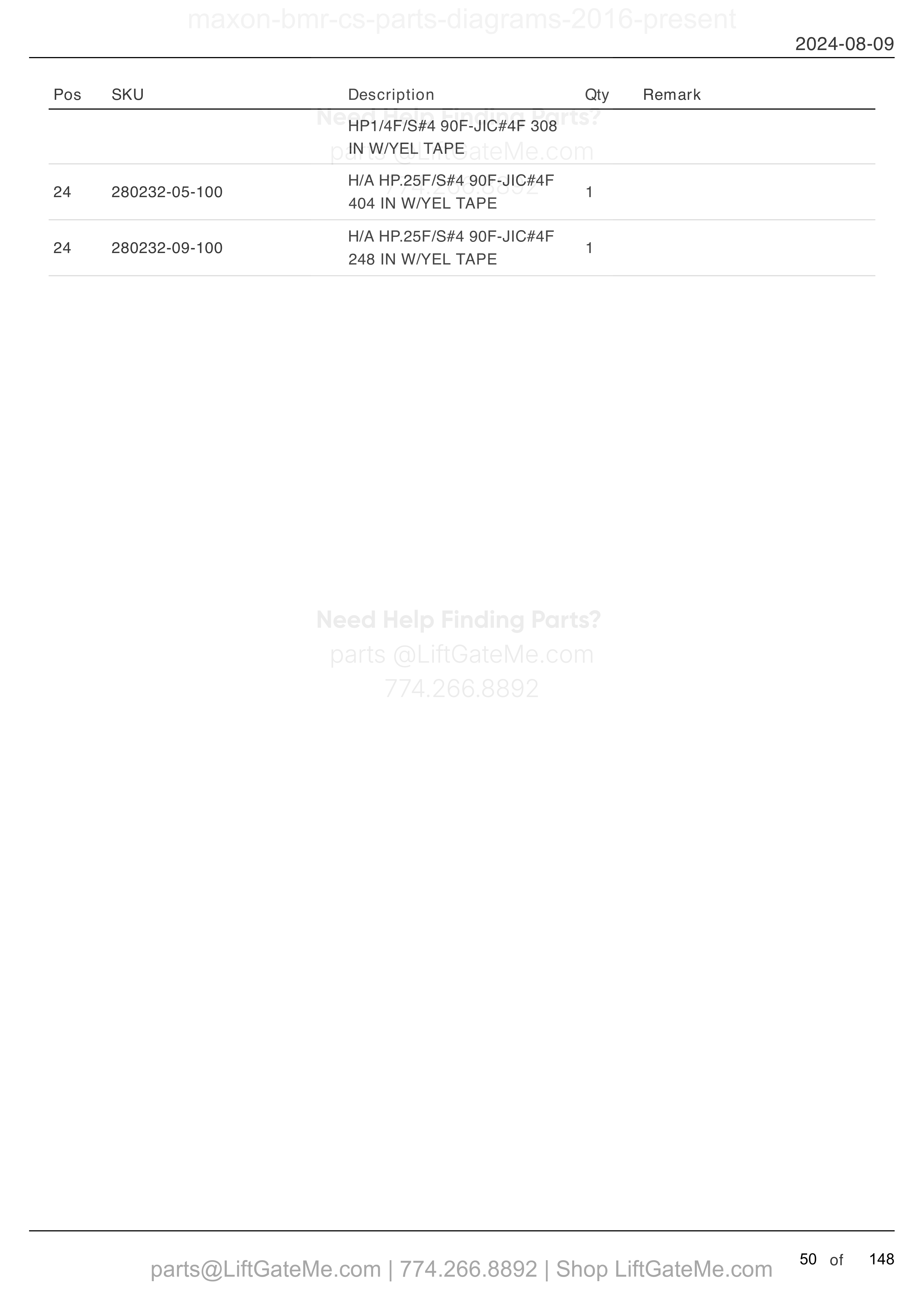 HYDRAULIC SYSTEMS - GRAVITY DOWN (MTE HYDRAULICS) (continued) parts table