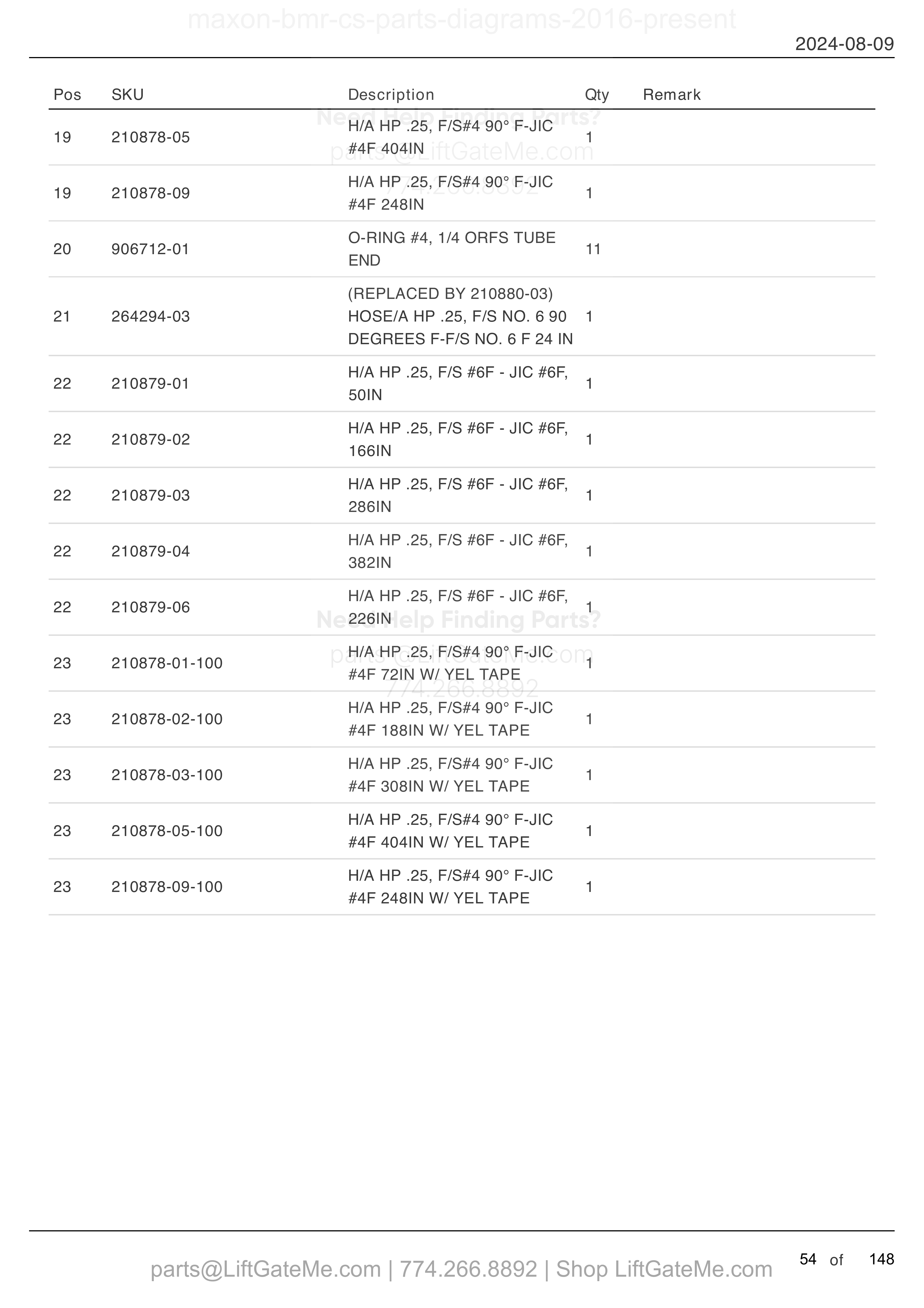 HYDRAULIC SYSTEMS - POWER DOWN (continued) parts table