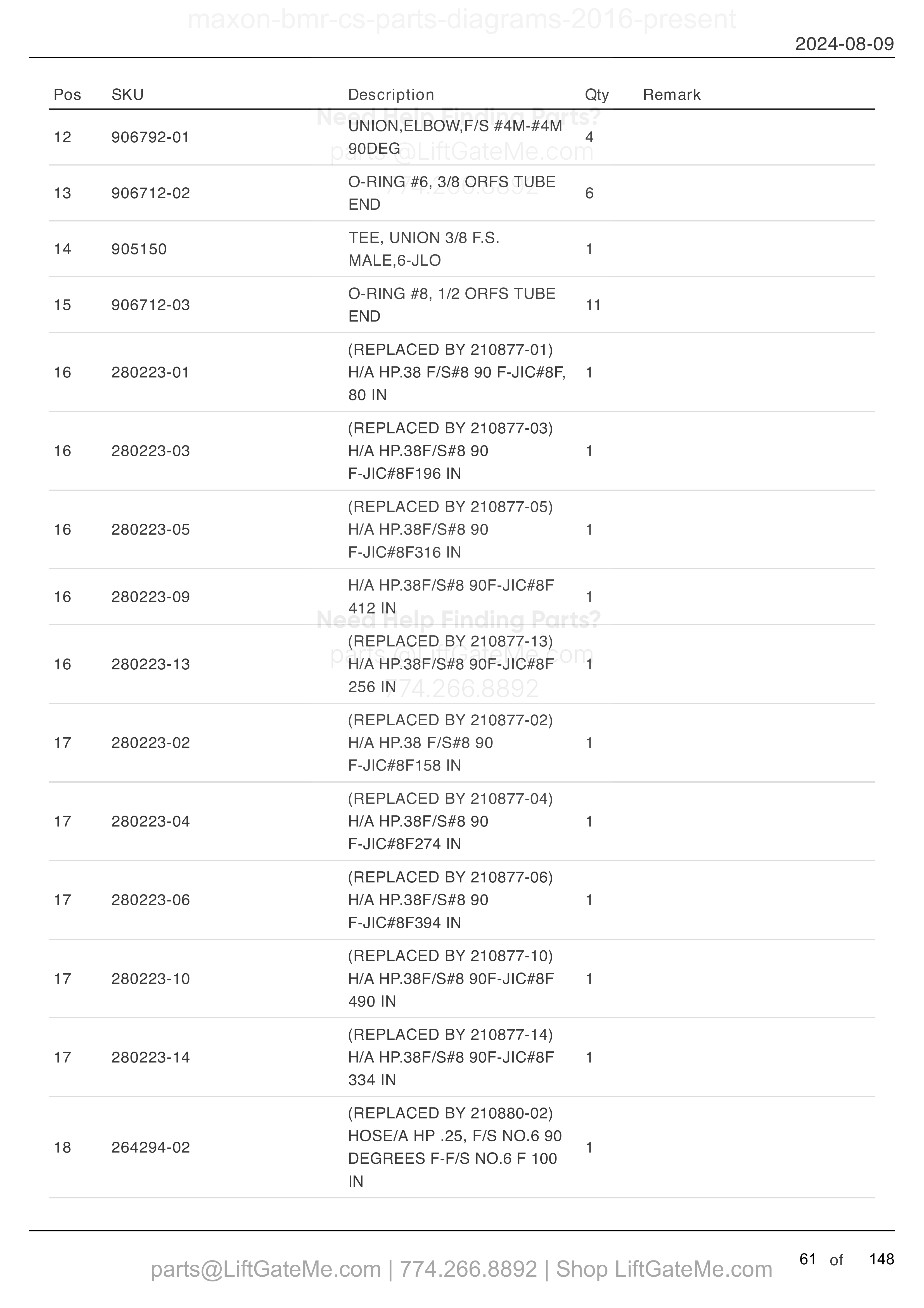 HYDRAULIC SYSTEMS - POWER DOWN (MTE HYDRAULICS) (continued) parts table