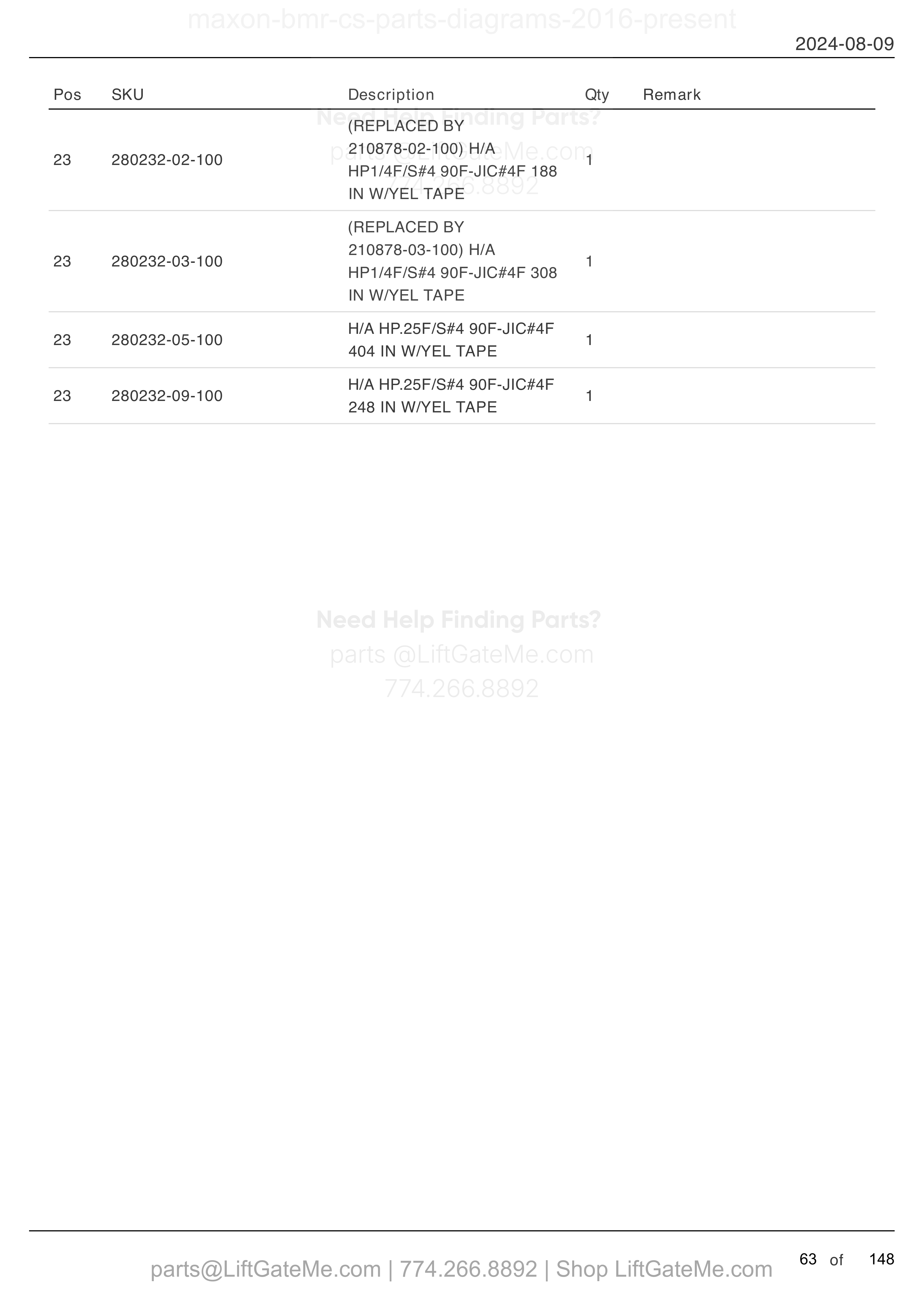 HYDRAULIC SYSTEMS - POWER DOWN (MTE HYDRAULICS) (continued) parts table