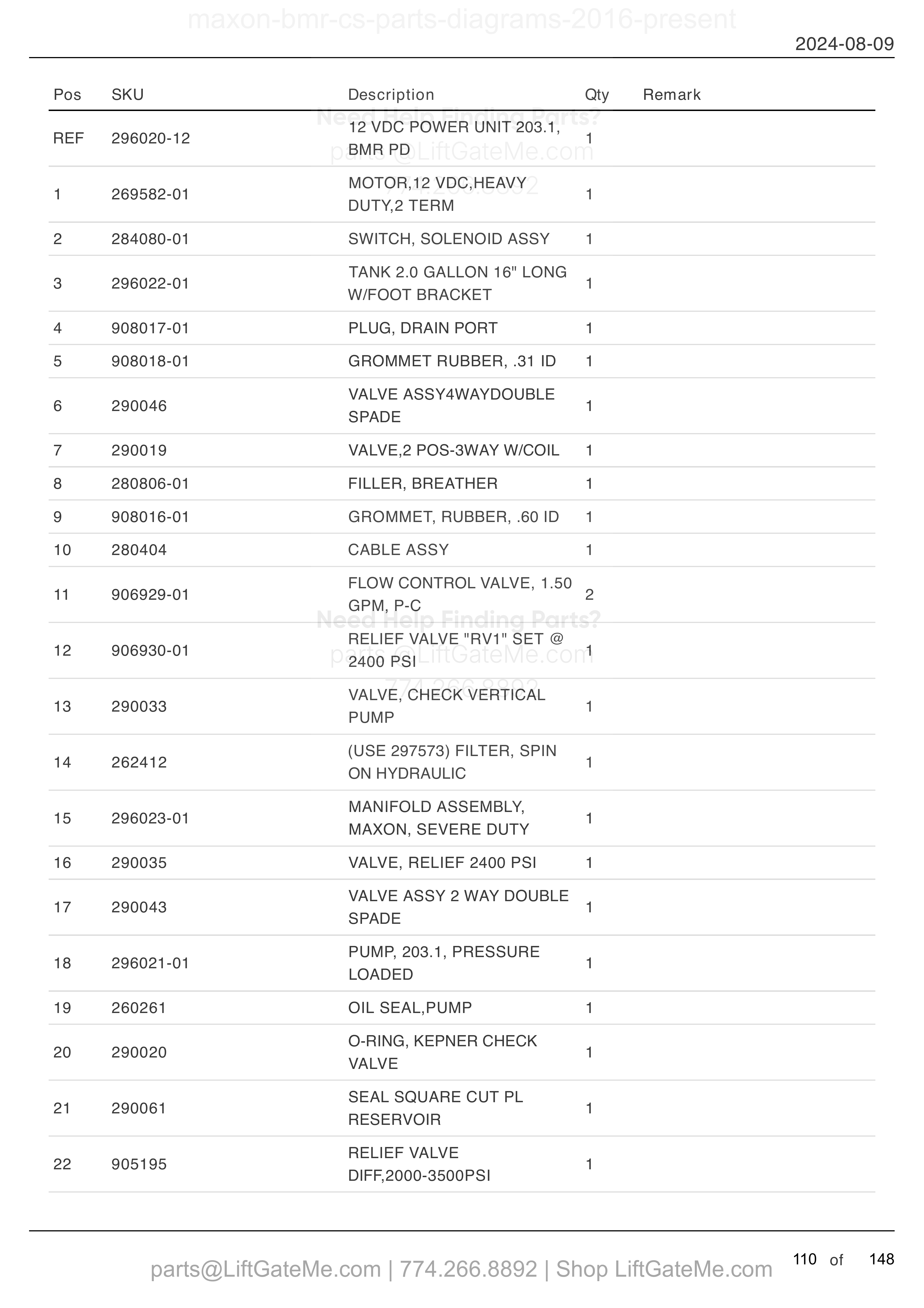 12 VOLT DC POWER UNIT - POWER DOWN (MTE HYDRAULICS) parts table
