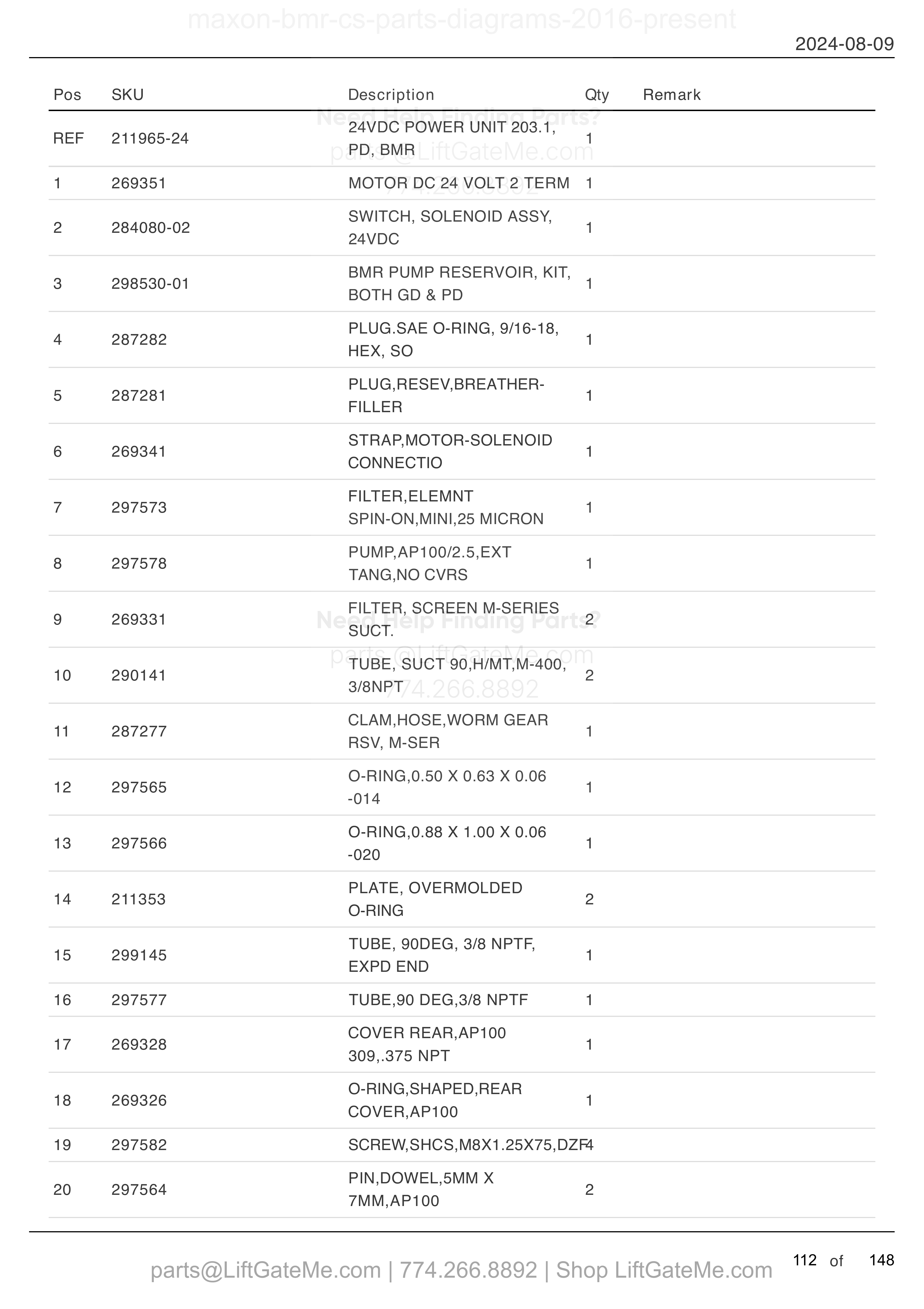 24 VDC POWER UNIT - POWER DOWN parts table