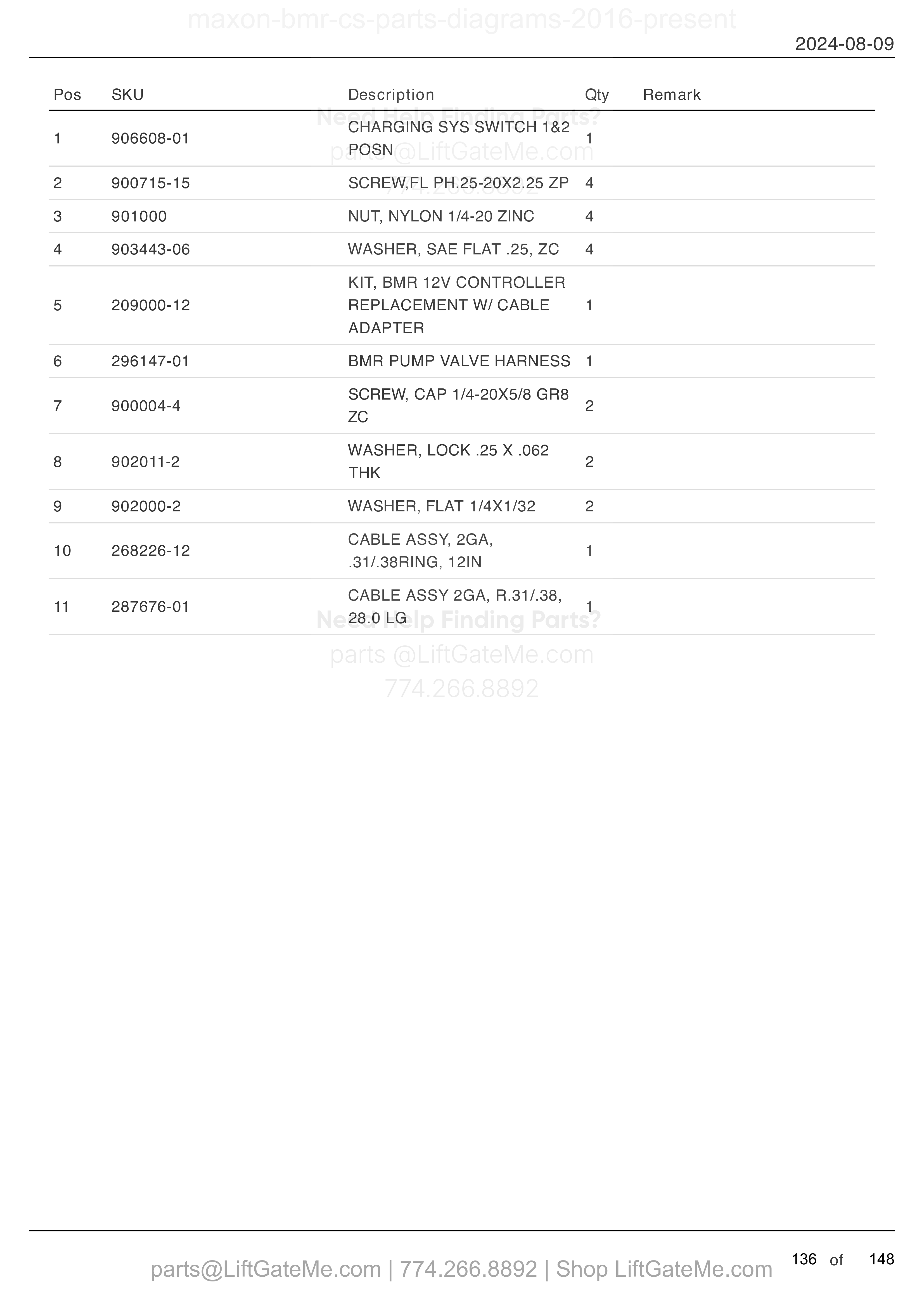 ELECTRICAL COMPONENTS - PUMP ASSEMBLY (MTE HYDRAULICS) parts table