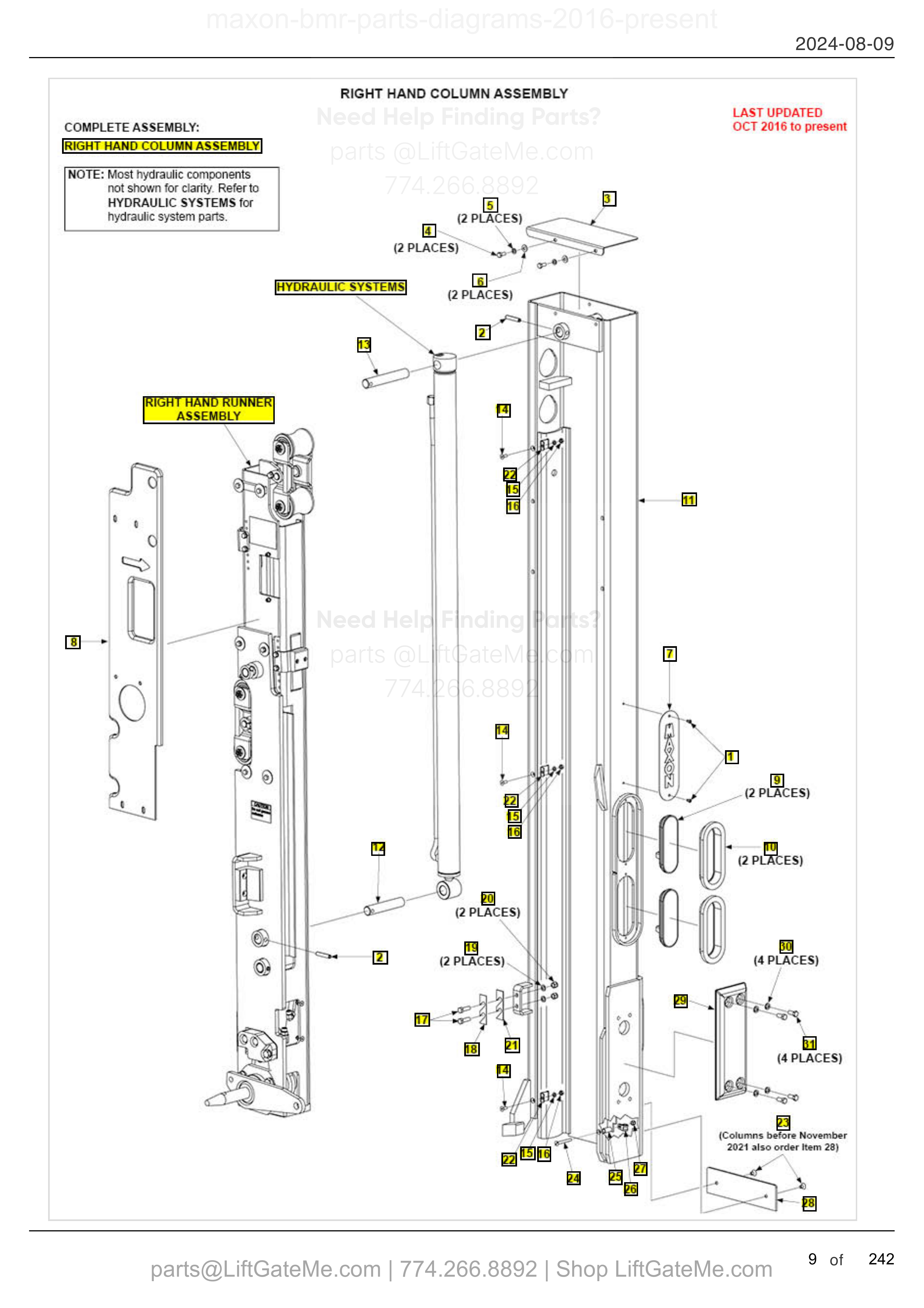 RIGHT HAND COLUMN ASSEMBLY diagram