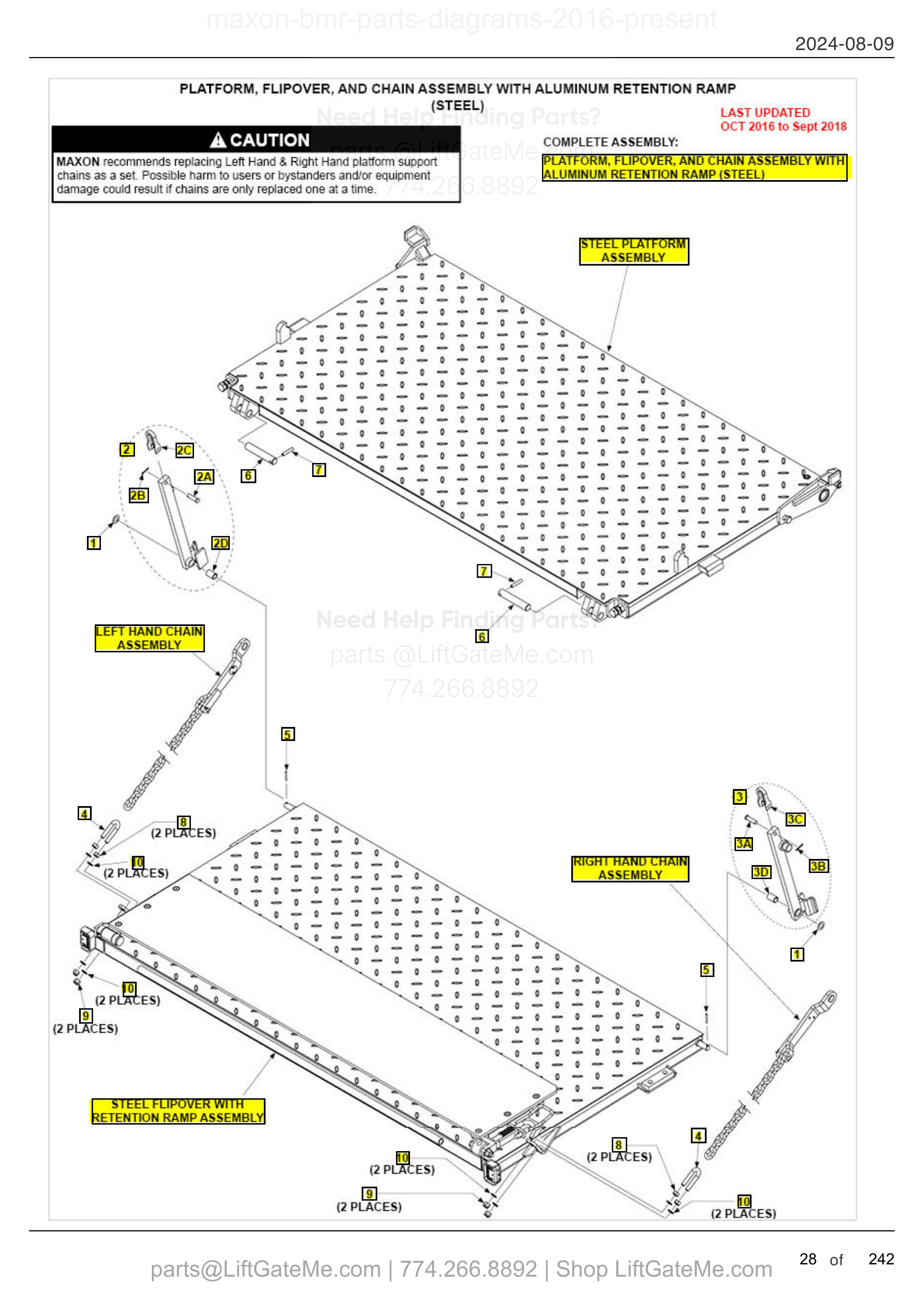 PLATFORM, FLIPOVER, AND CHAIN ASSEMBLY WITH ALUMINUM RETENTION RAMP (STEEL) diagram