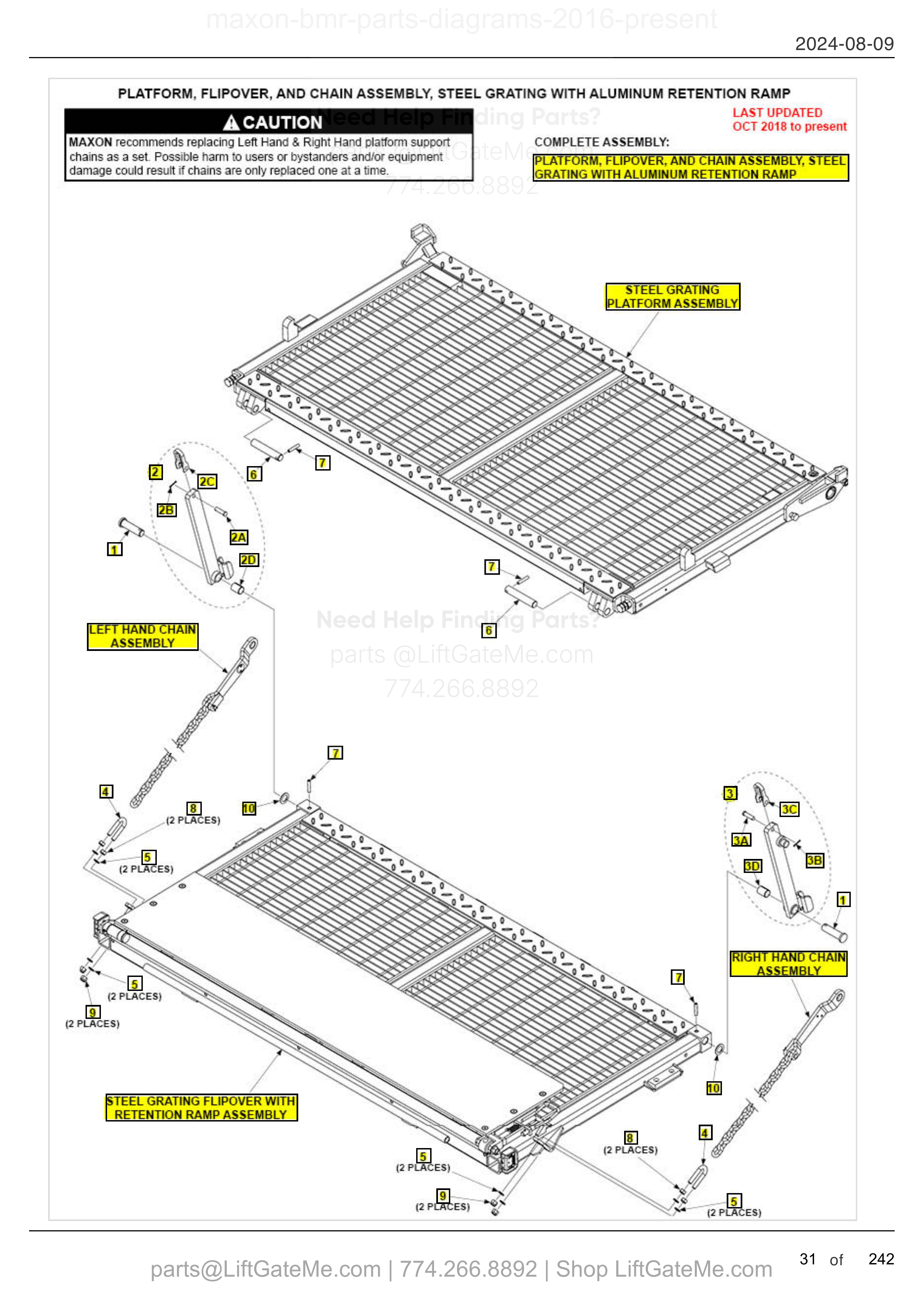 PLATFORM, FLIPOVER, AND CHAIN ASSEMBLY, STEEL GRATING WITH ALUMINUM RETENTION RAMP diagram