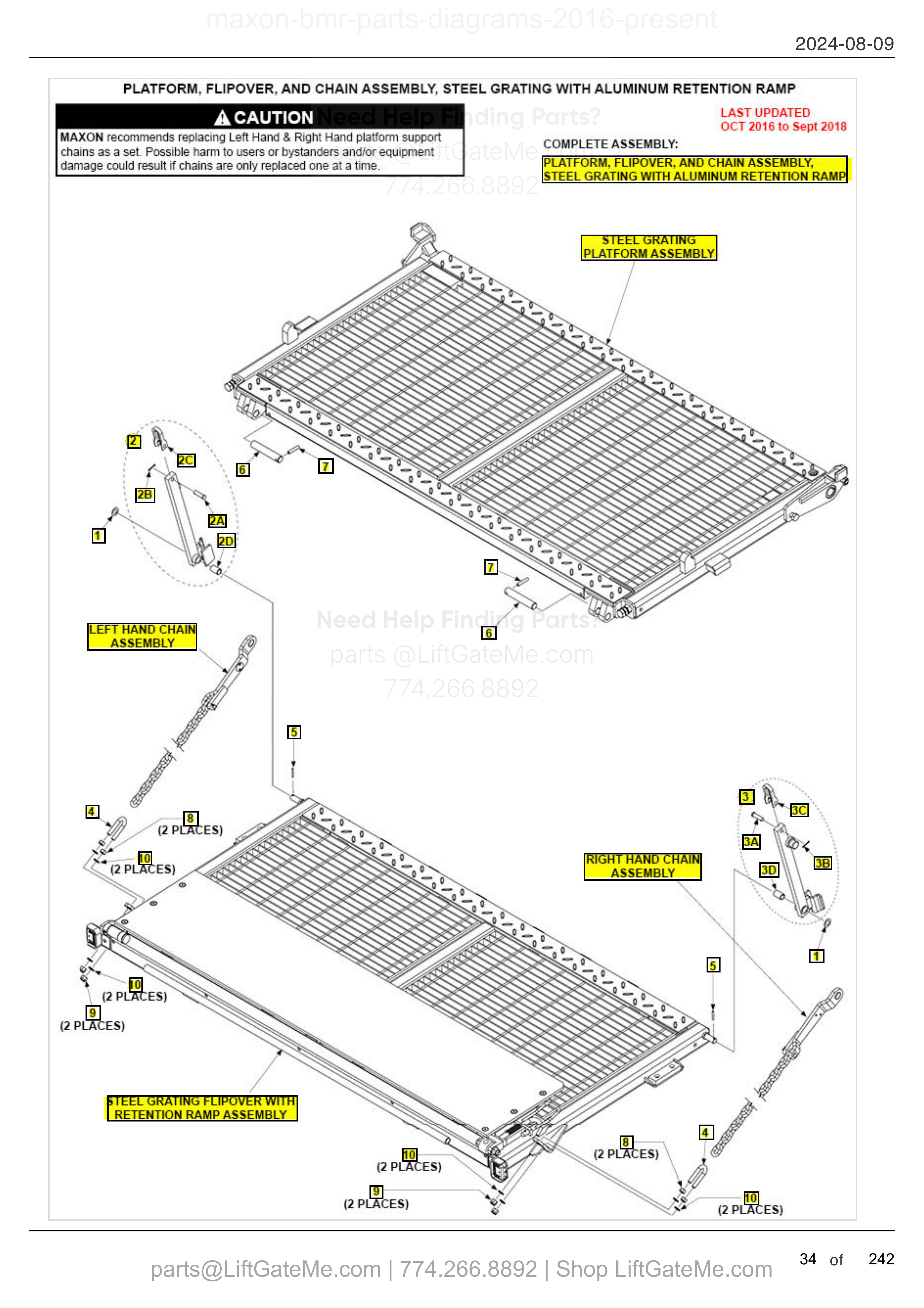PLATFORM, FLIPOVER, AND CHAIN ASSEMBLY, STEEL GRATING WITH ALUMINUM RETENTION RAMP diagram