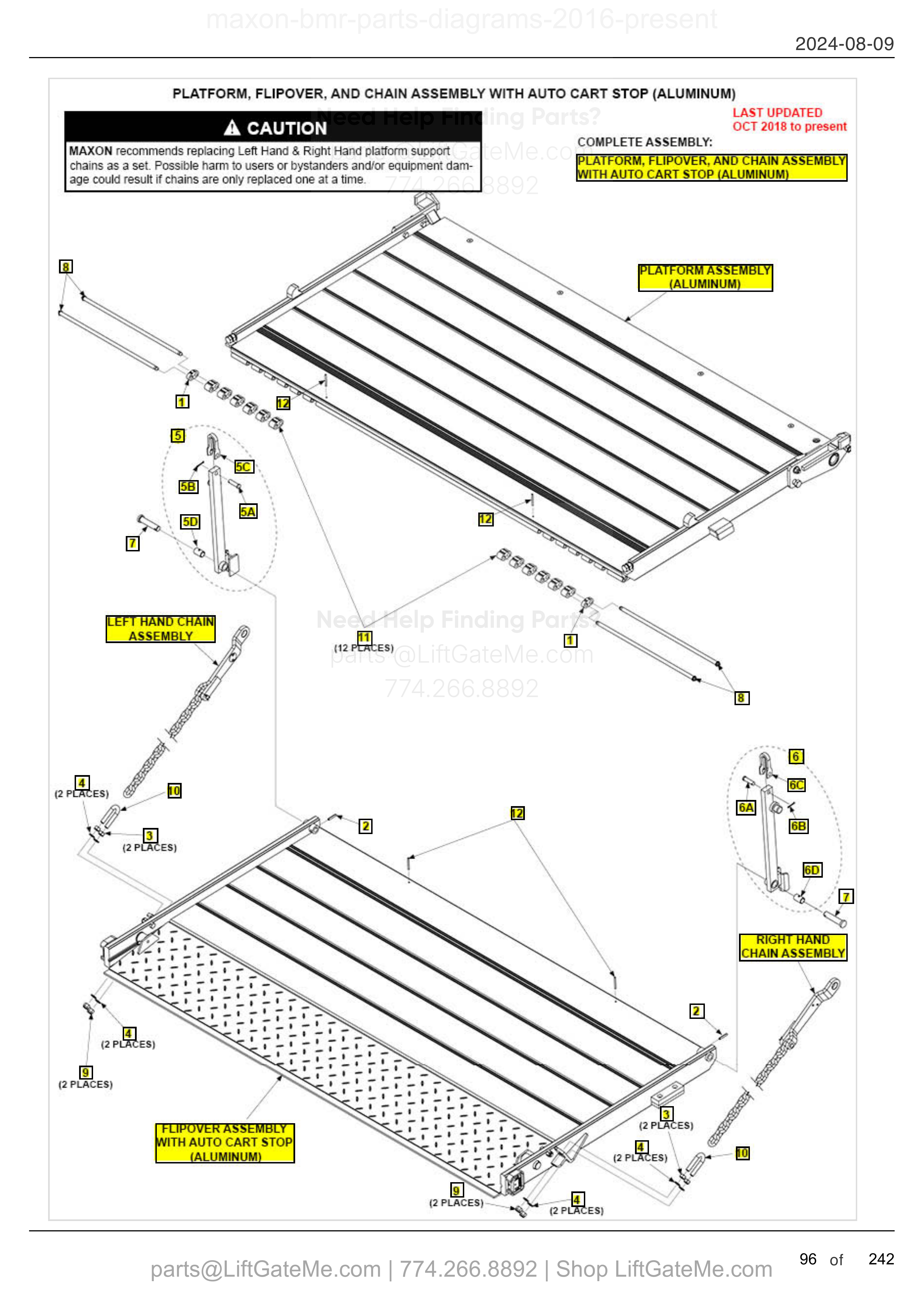 PLATFORM, FLIPOVER, AND CHAIN ASSEMBLY WITH AUTO CART STOP (ALUMINUM) diagram