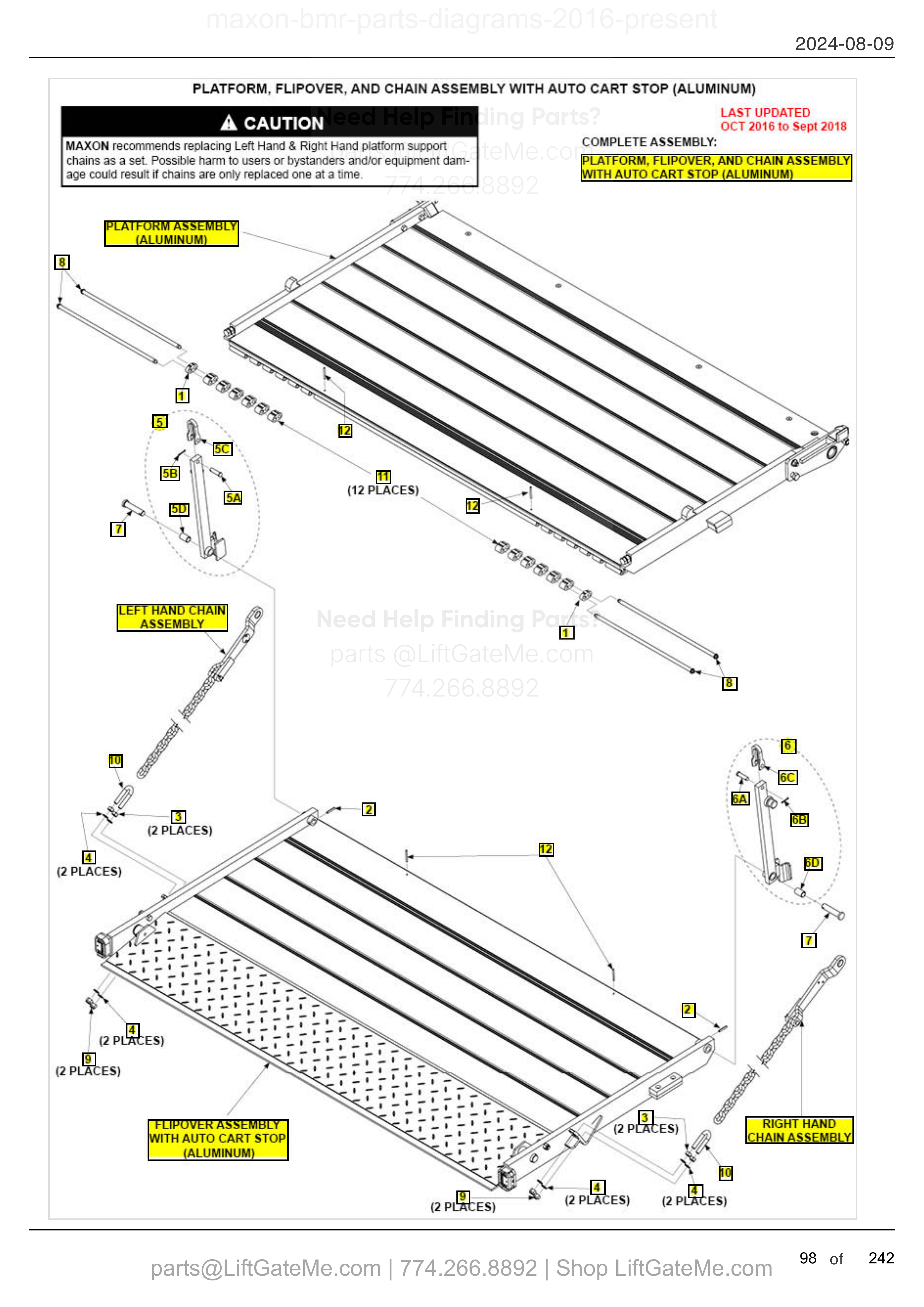 PLATFORM, FLIPOVER, AND CHAIN ASSEMBLY WITH AUTO CART STOP (ALUMINUM) diagram